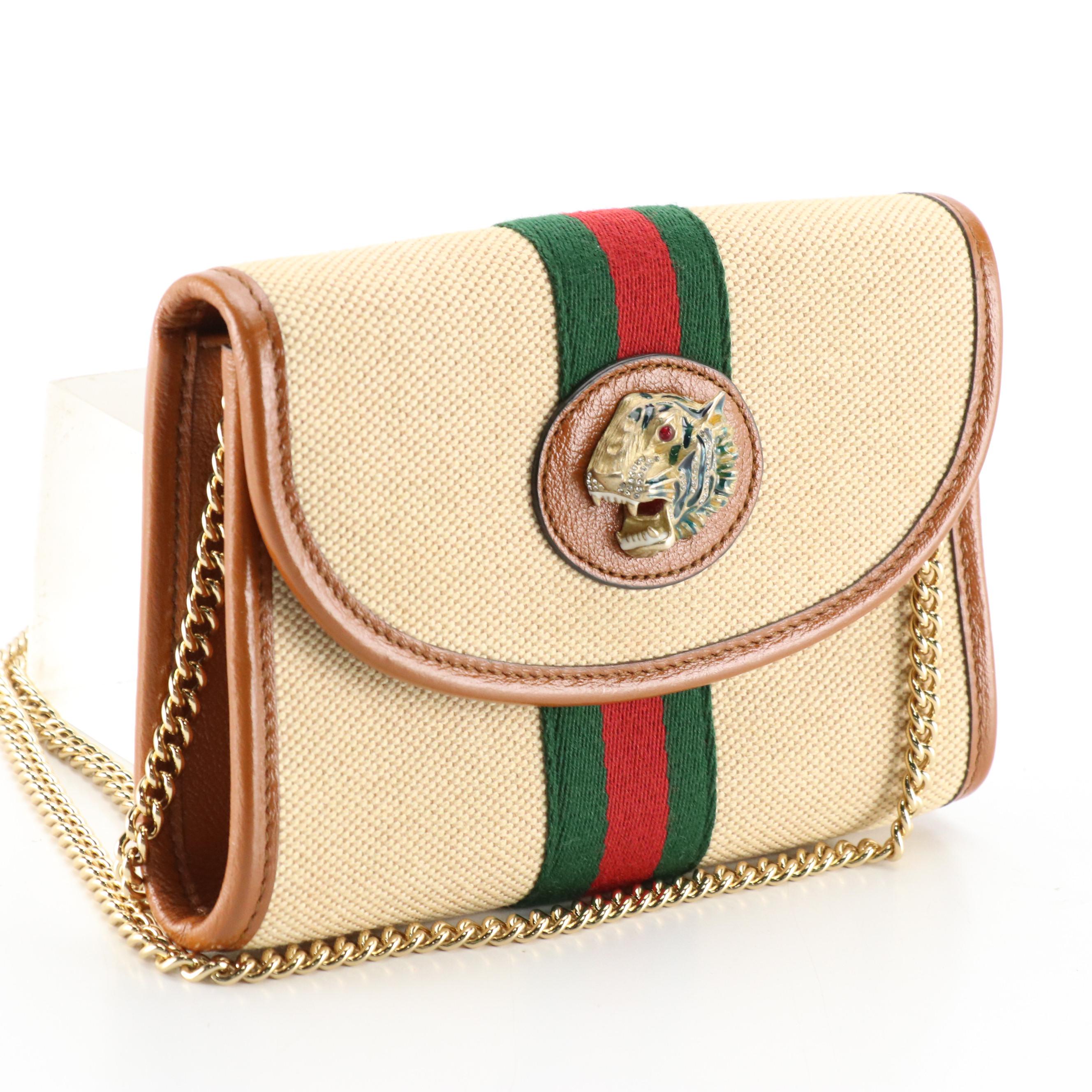 Gucci Rajah Mini Crossbody Clutch on Chain in Beige Canvas and Leather Trim