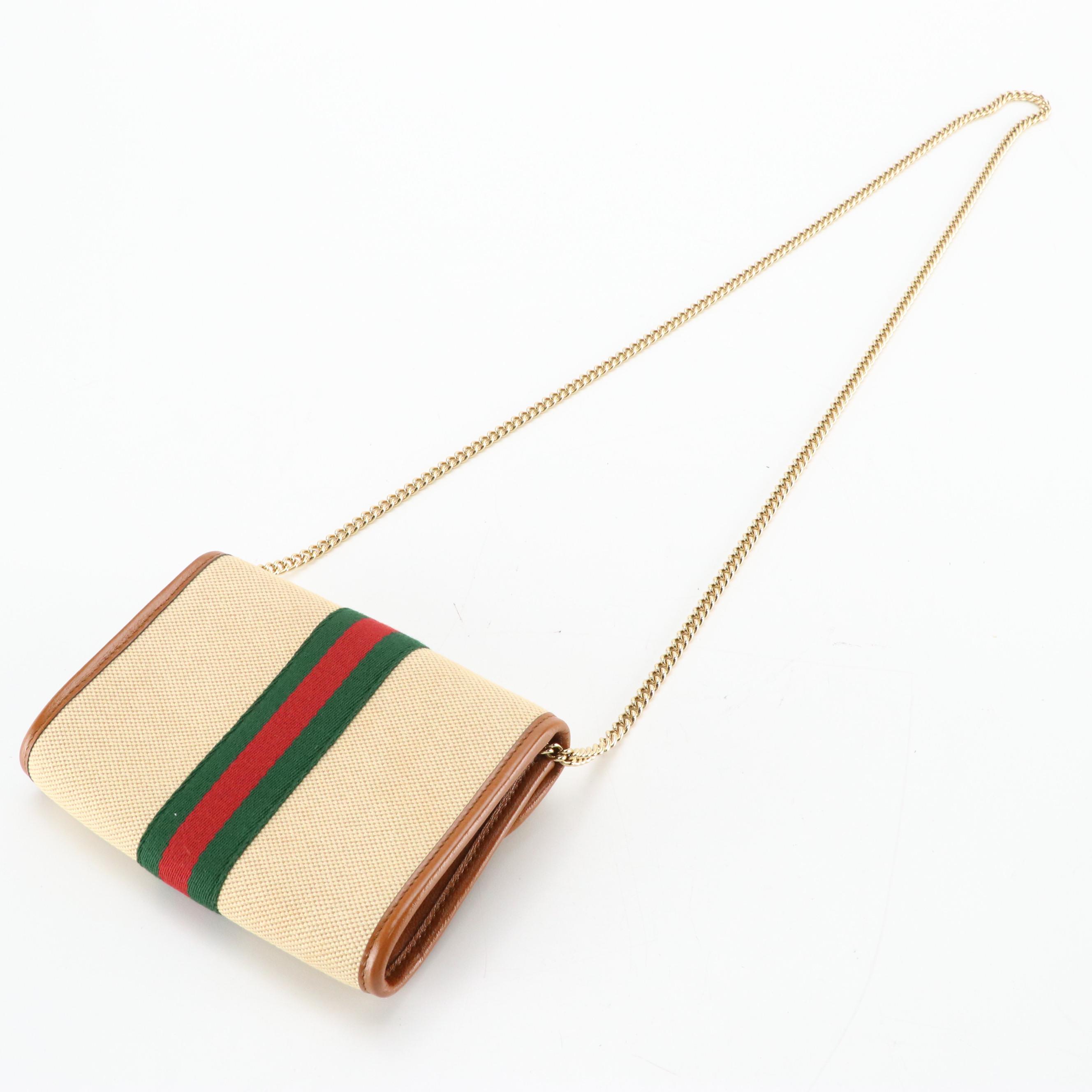 Gucci Rajah Mini Crossbody Clutch on Chain in Beige Canvas and Leather Trim