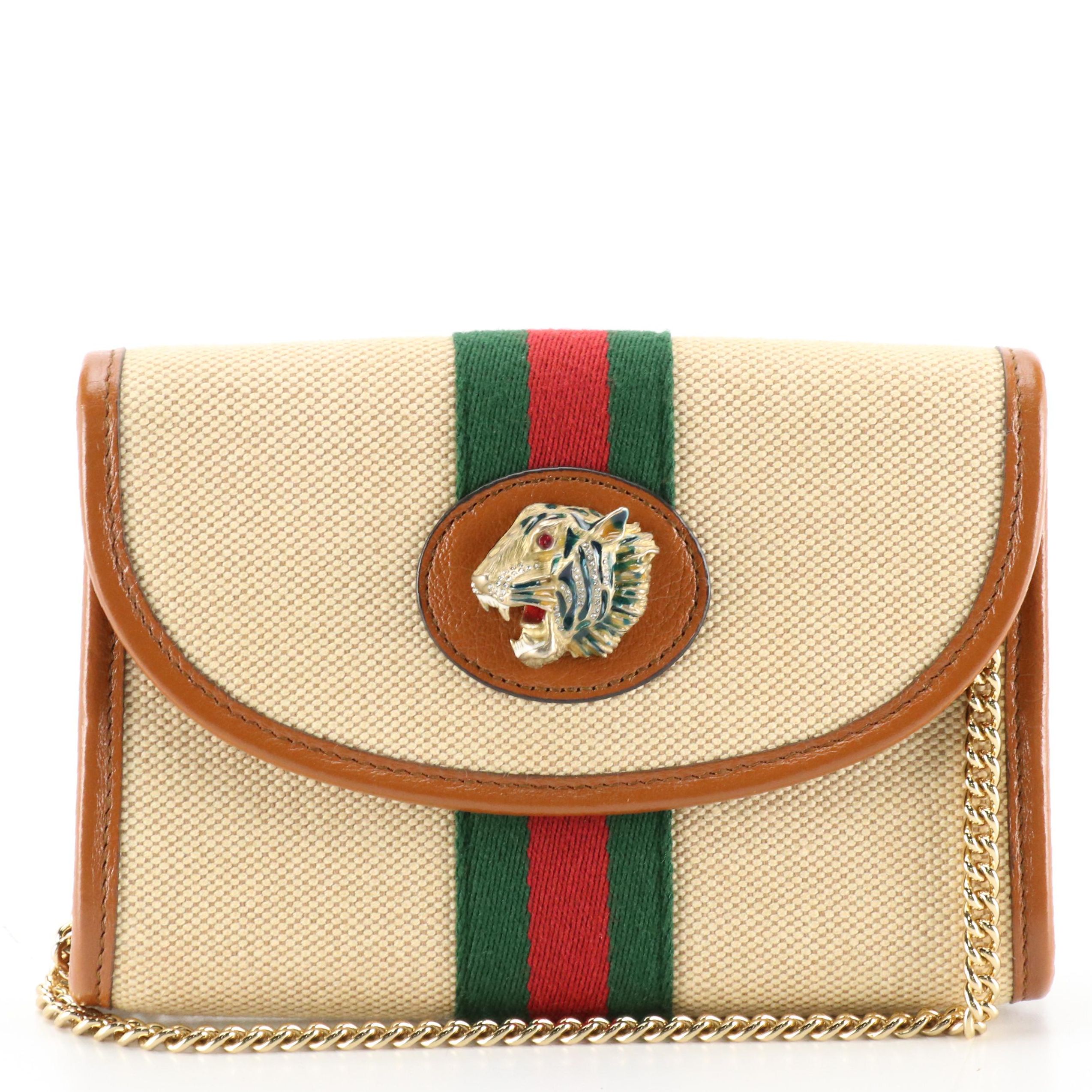Gucci Rajah Mini Crossbody Clutch on Chain in Beige Canvas and Leather Trim