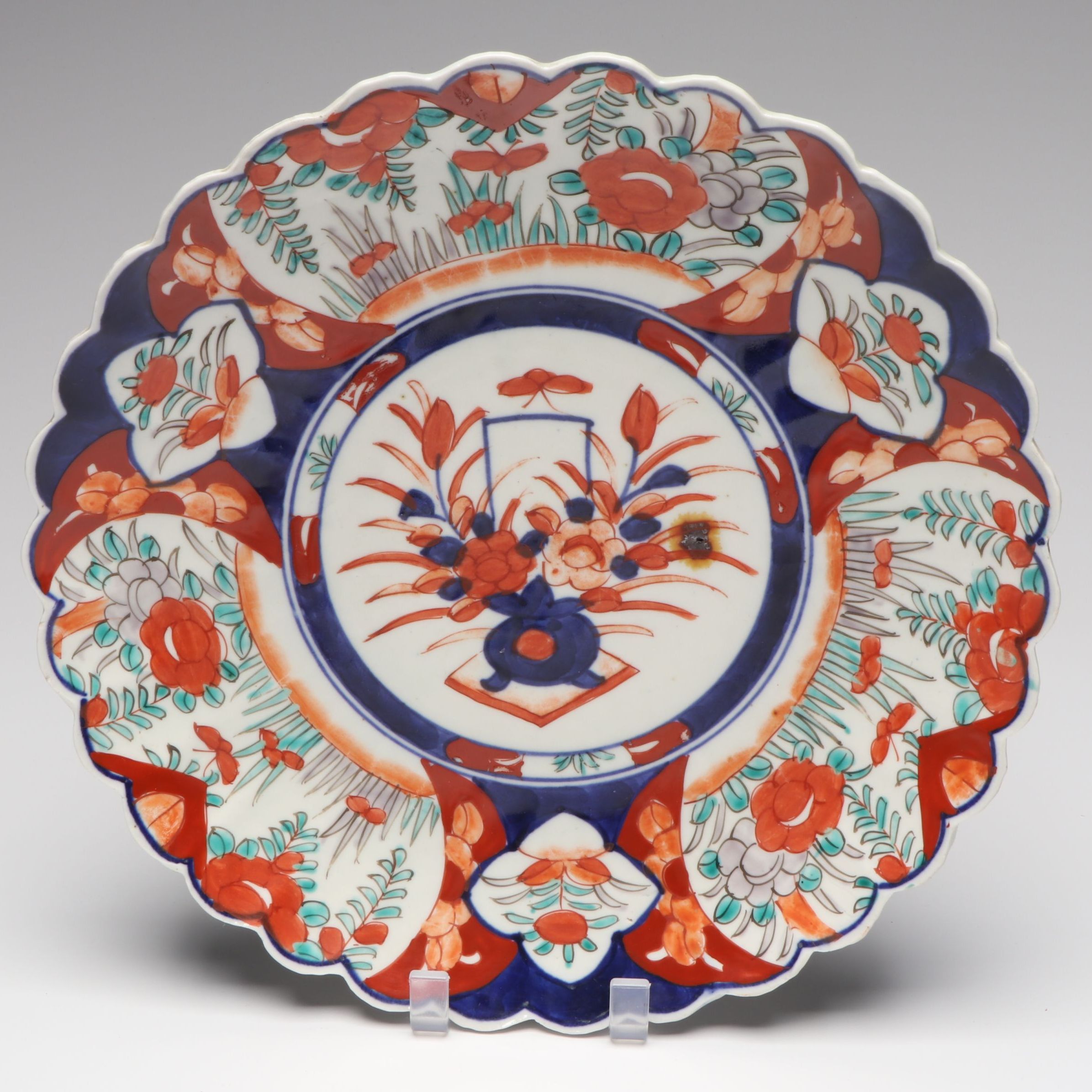 Japanese Imari Hand-Painted Porcelain Charger with Scalloped Border