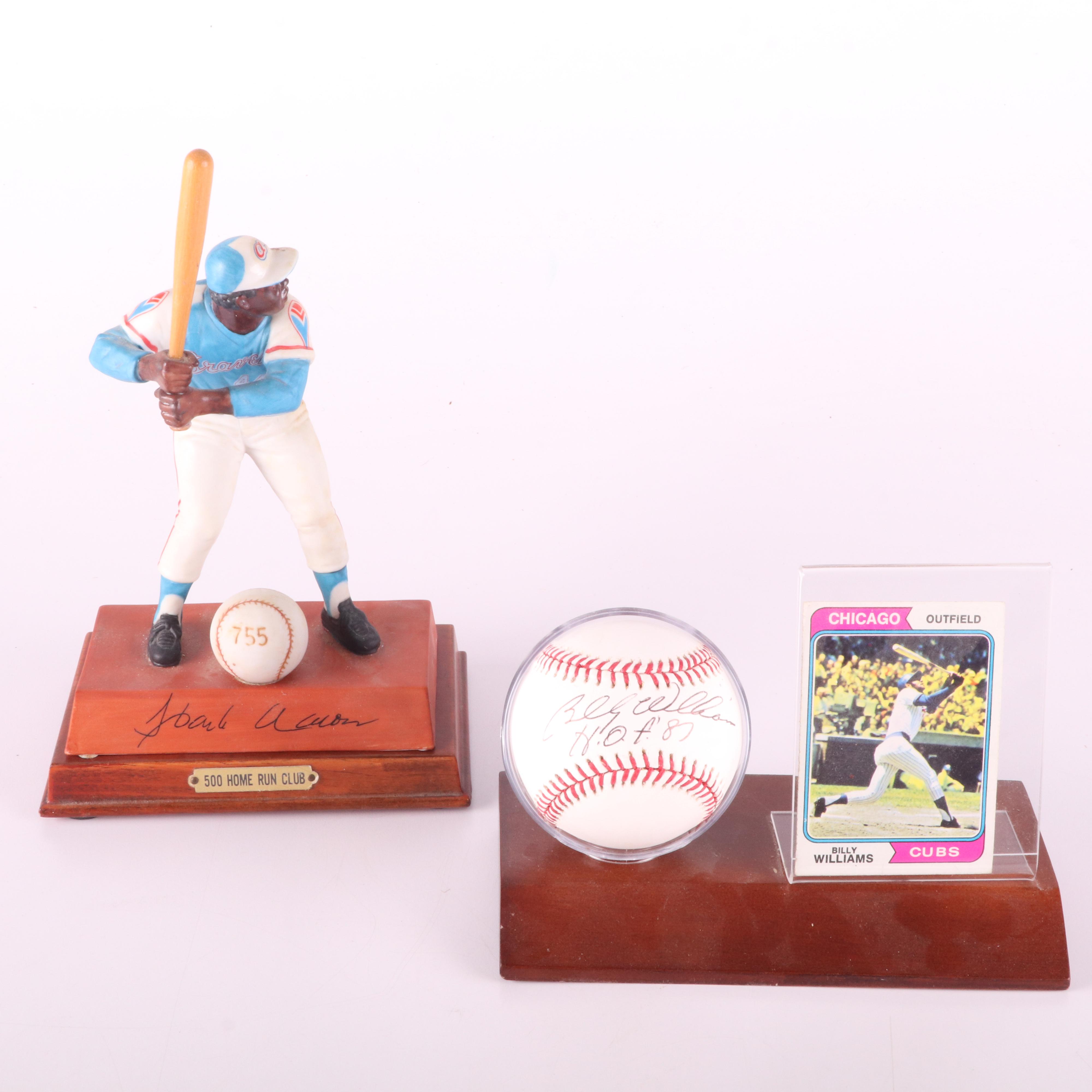 Billy Williams Signed Baseball with Display and Hank Aaron Figurine