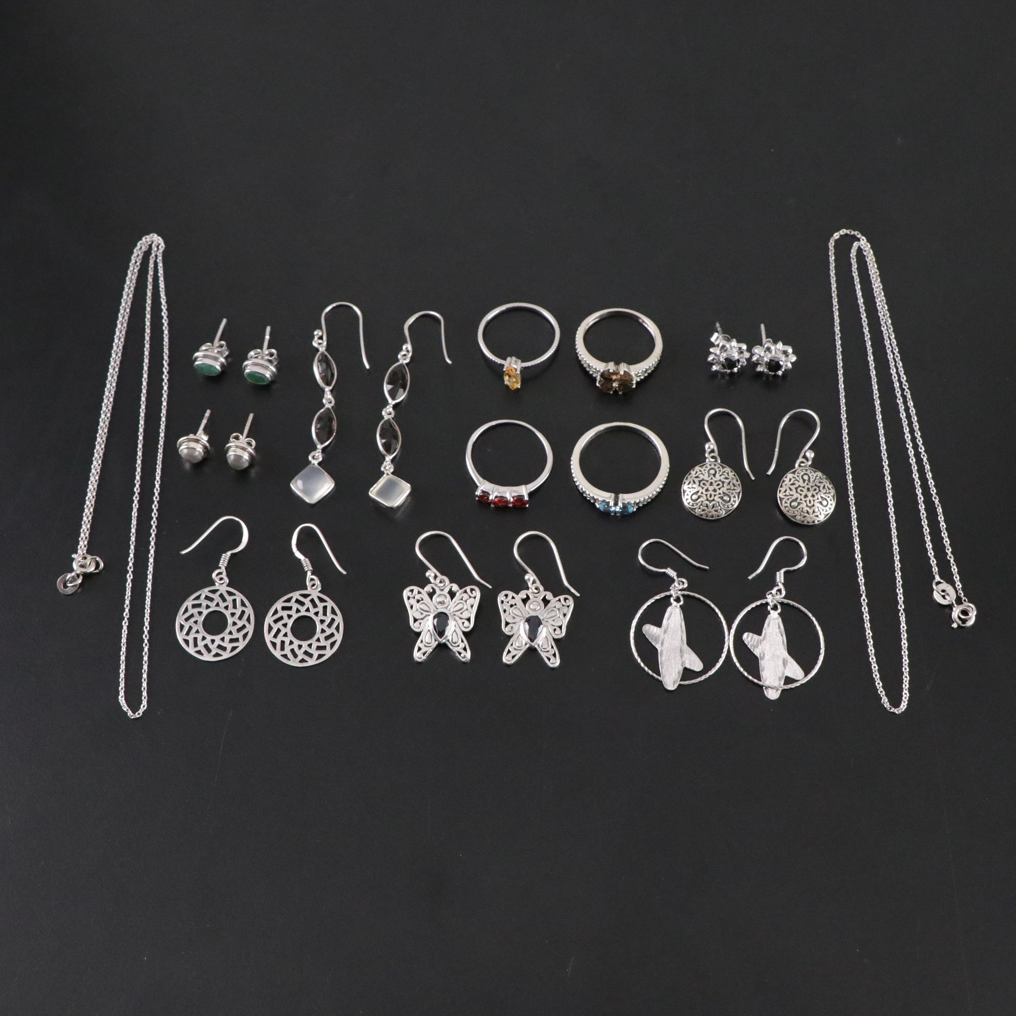 14 Assorted Sterling Silver Rings, Necklaces and Earrings