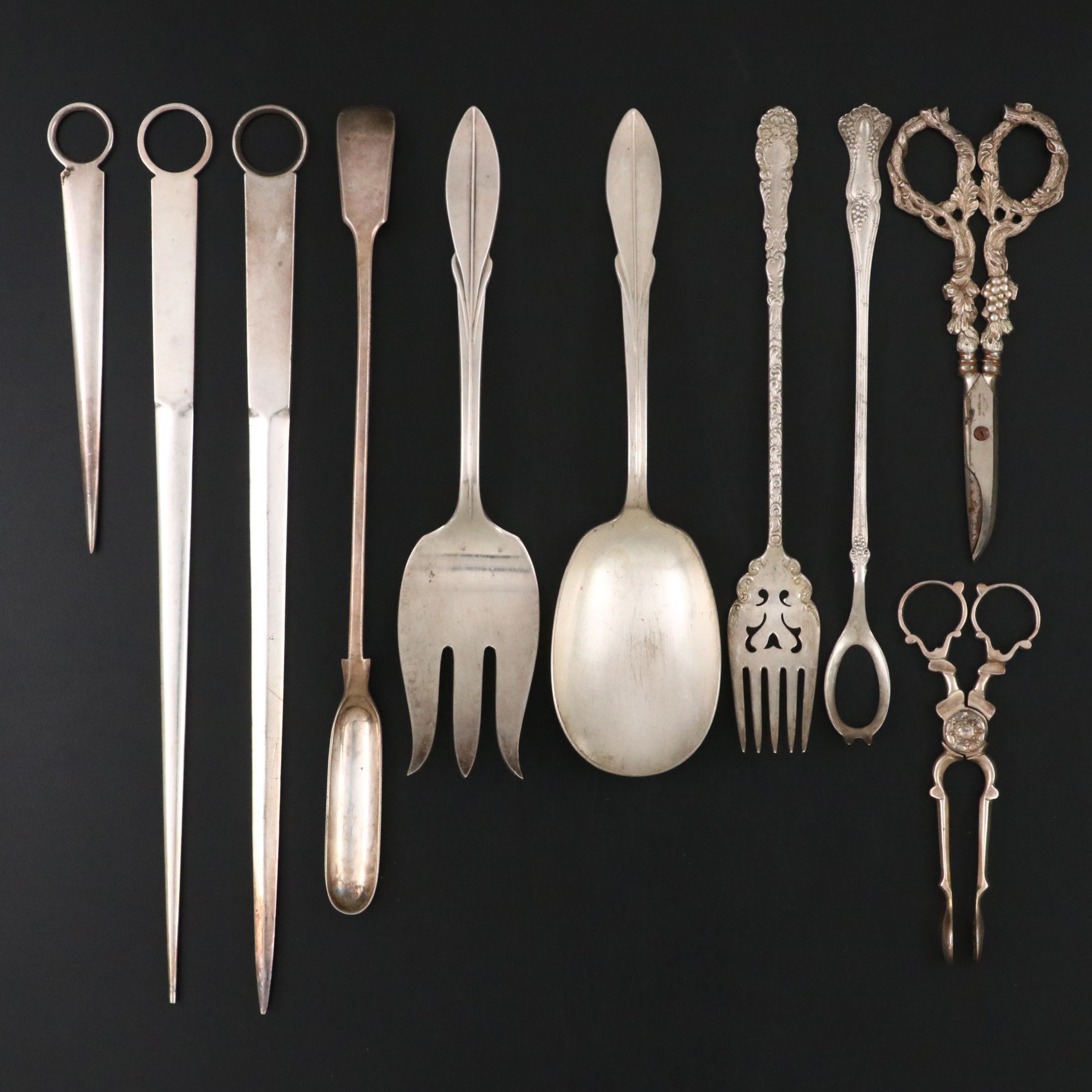 English Silver Plate Meat Skewers with Other Serving Utensils