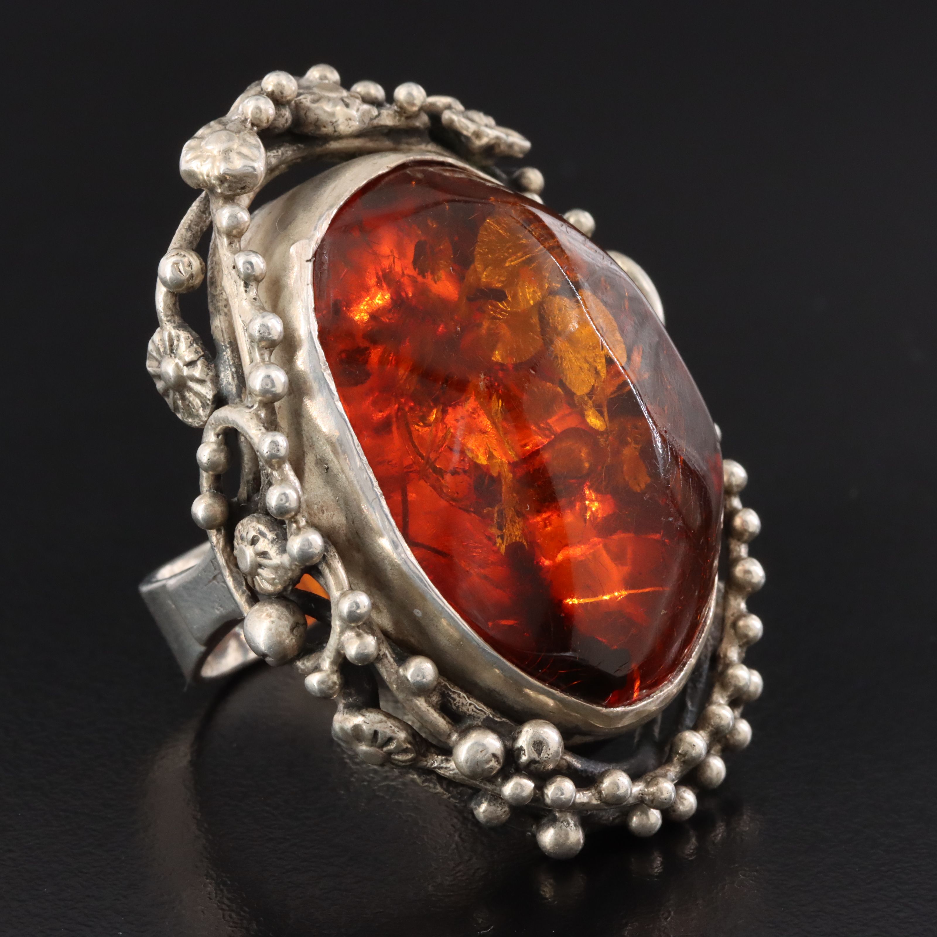 900 Silver Amber Statement Ring