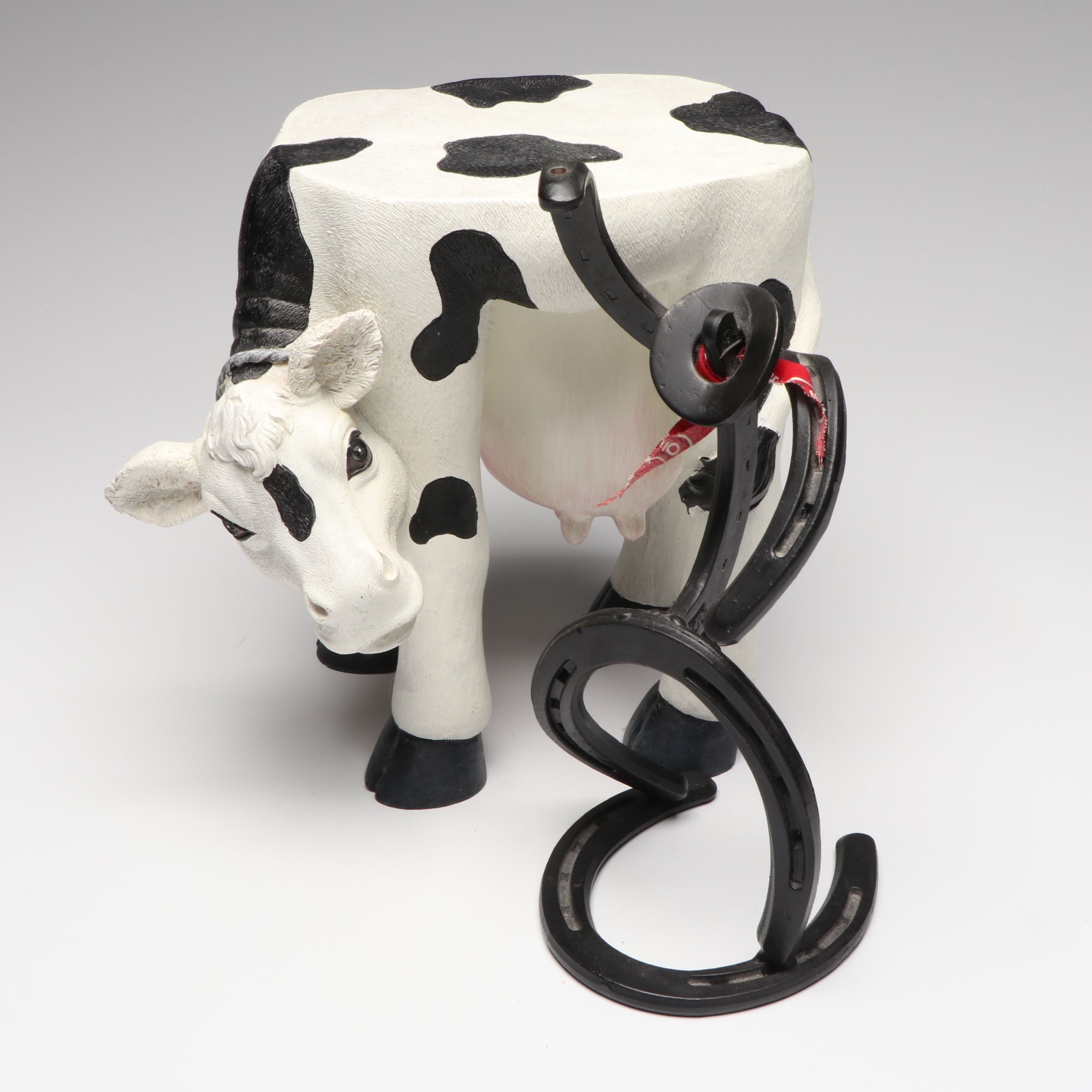 Toscano Cow Foot Stool with Horseshoe Cowboy Figure