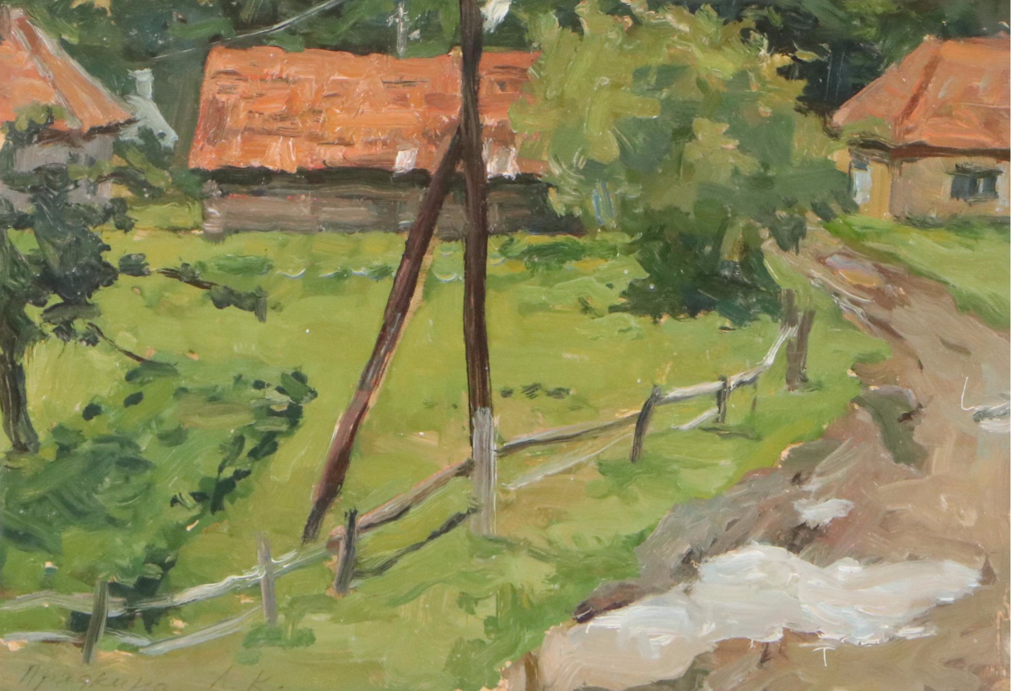 Pastoral Landscape Oil Painting "Ukraini Village After the Rain," 20th Century