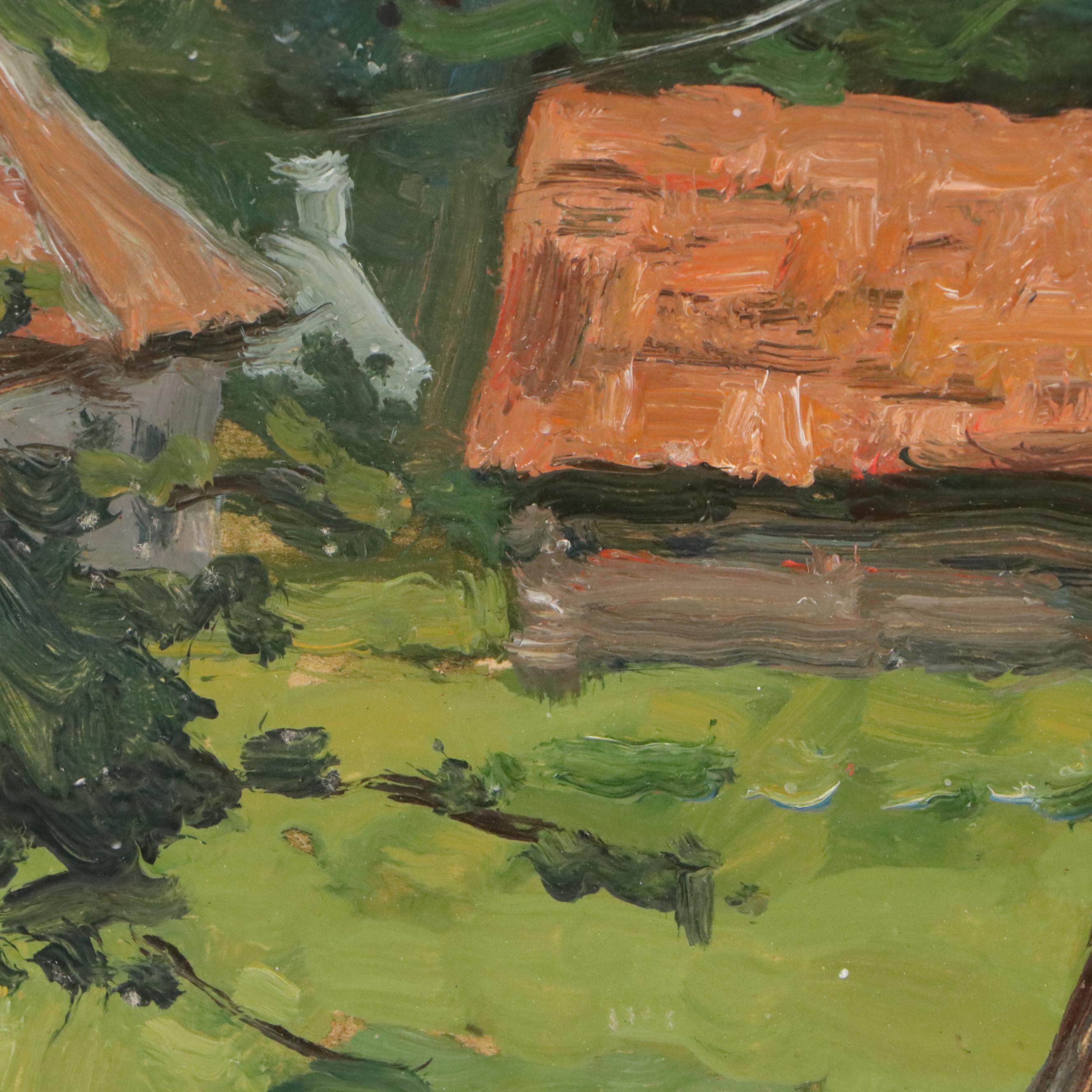 Pastoral Landscape Oil Painting "Ukraini Village After the Rain," 20th Century