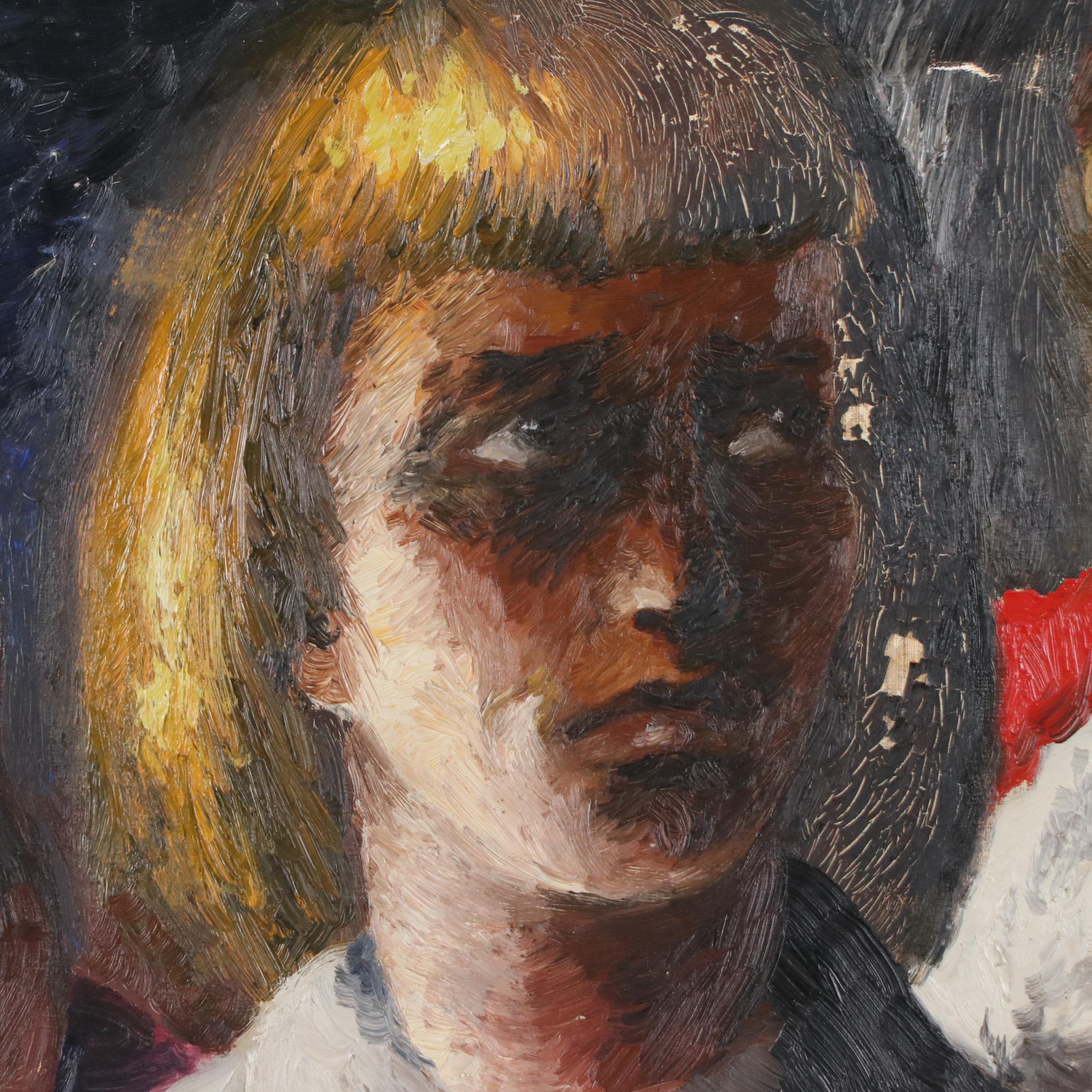 Oil Painting of Narrative Scene with Four Figures, Mid-20th Century