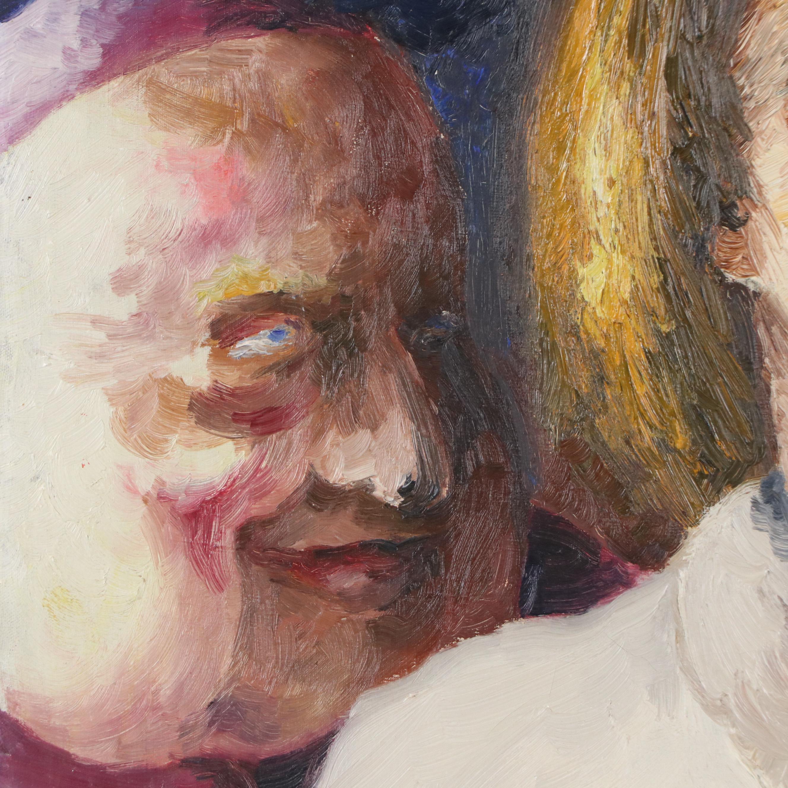 Oil Painting of Narrative Scene with Four Figures, Mid-20th Century