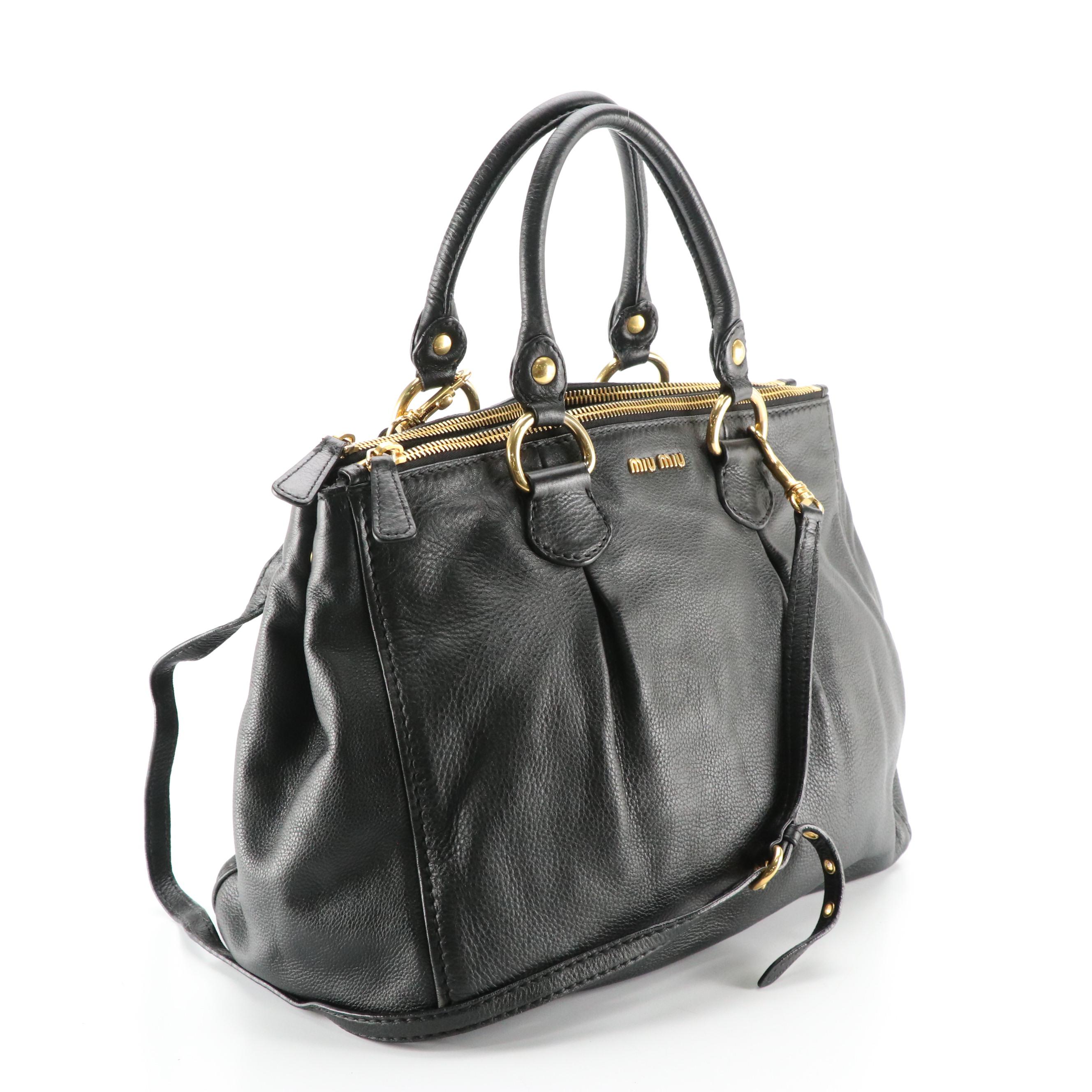 Miu Miu Double Zip Two-Way Tote in Black Grained Calfskin Leather