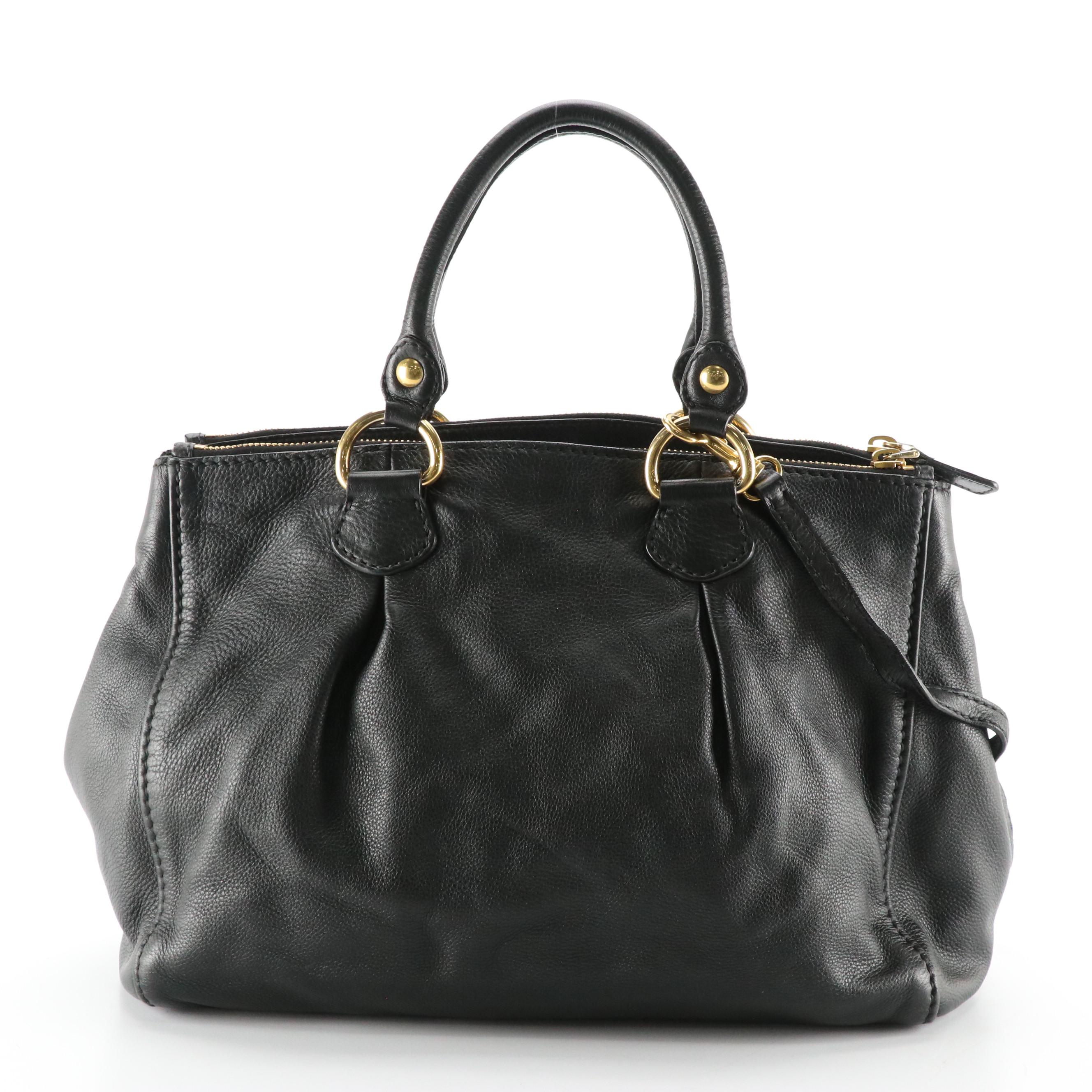 Miu Miu Double Zip Two-Way Tote in Black Grained Calfskin Leather