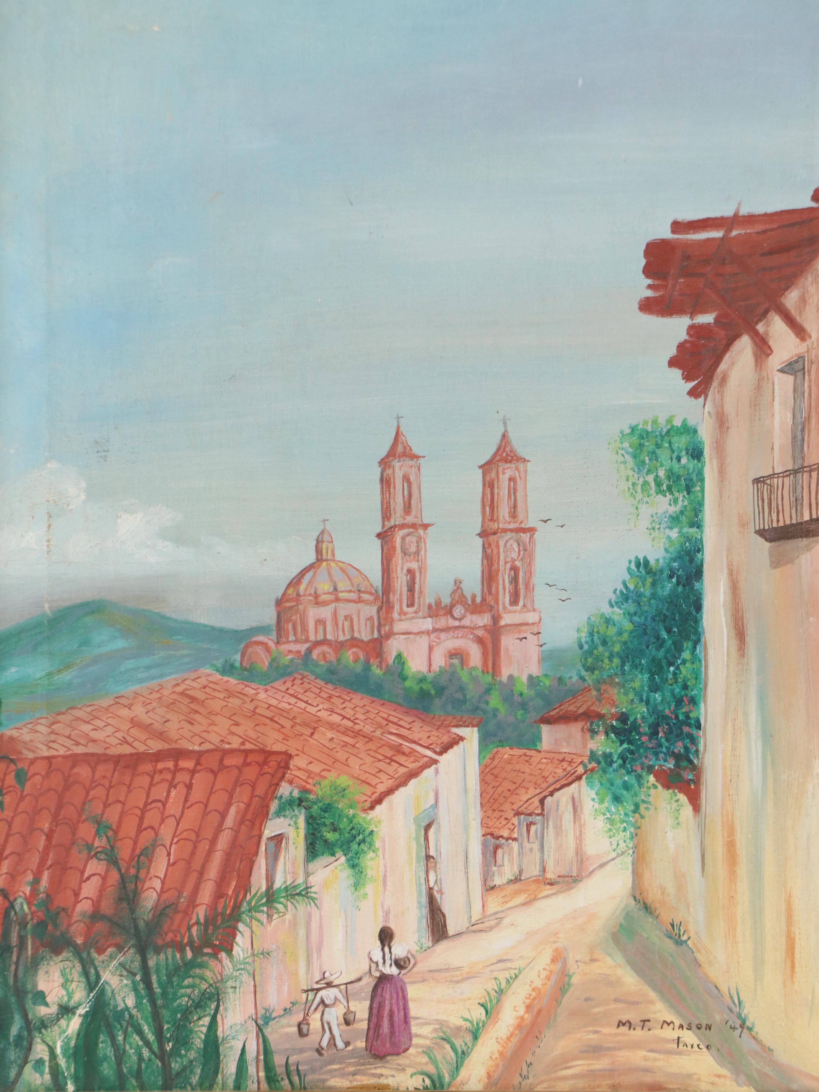 Mexican Village Scene Oil Painting with Taxco Cathedral in Distance, 1949