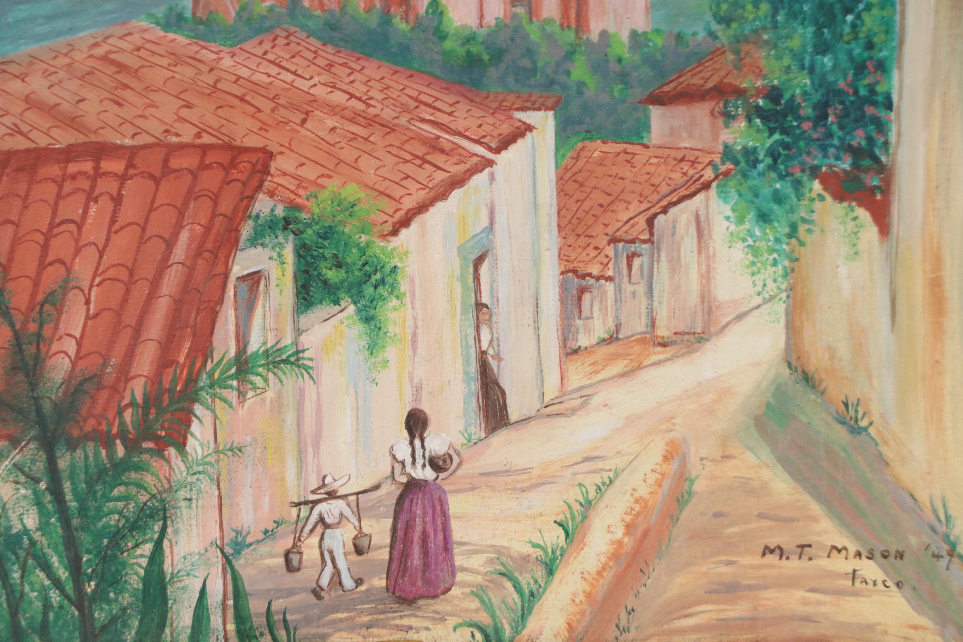 Mexican Village Scene Oil Painting with Taxco Cathedral in Distance, 1949