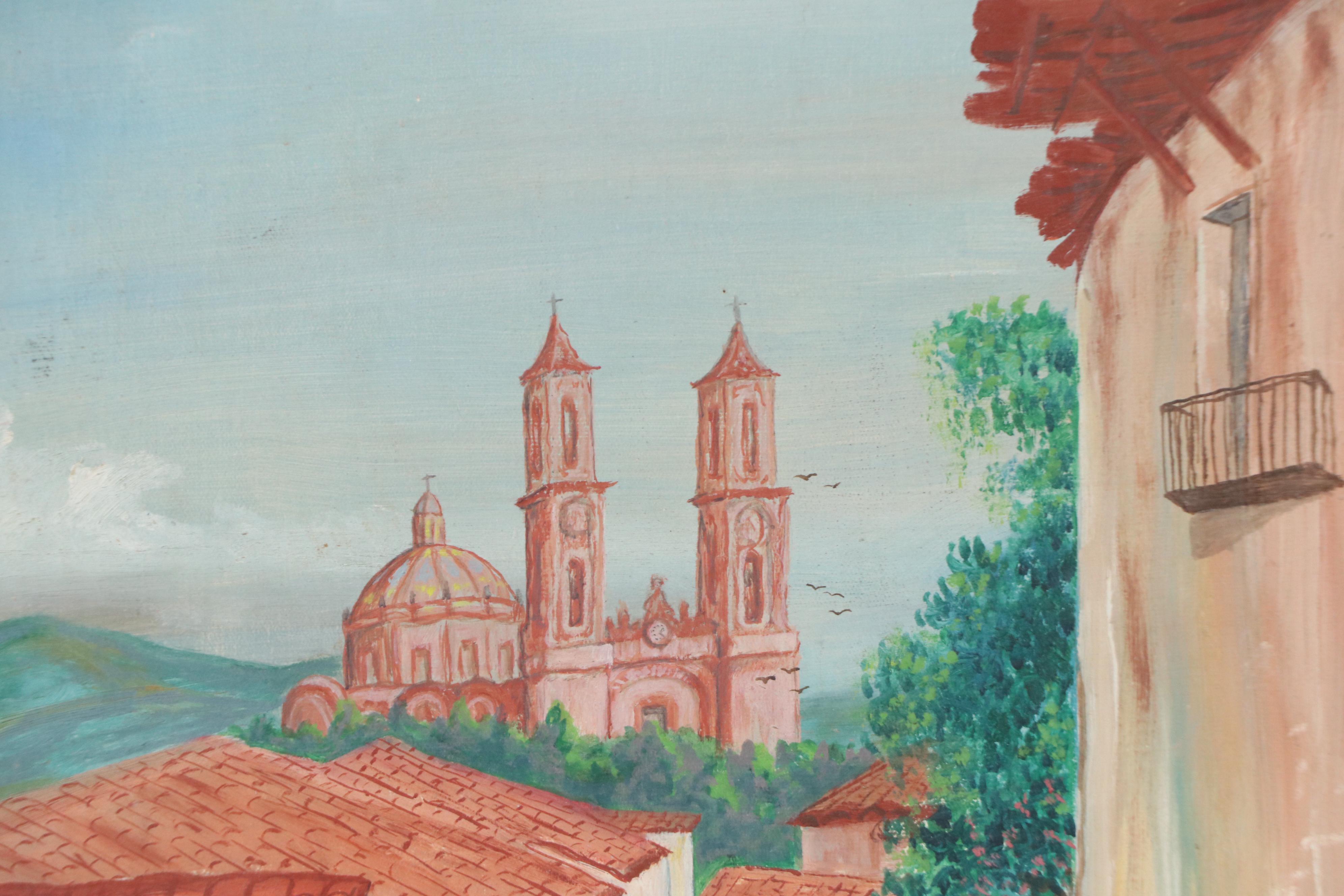 Mexican Village Scene Oil Painting with Taxco Cathedral in Distance, 1949