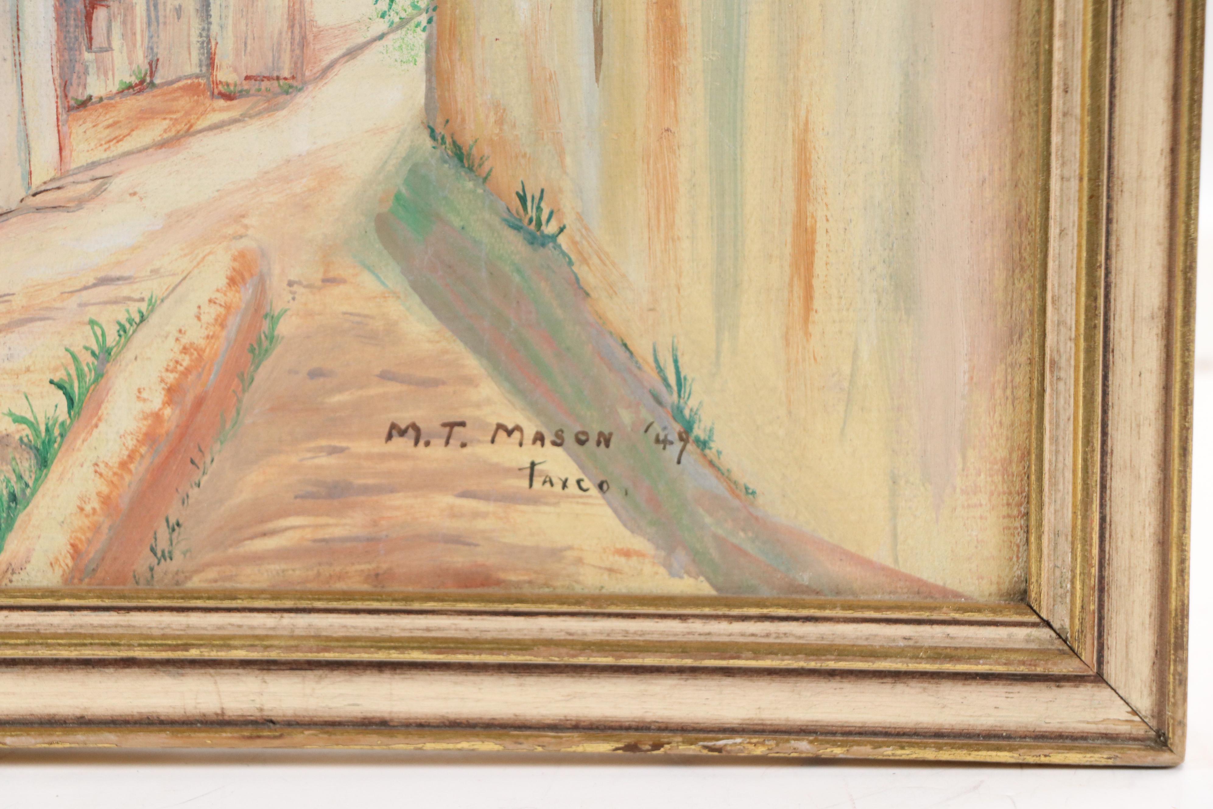 Mexican Village Scene Oil Painting with Taxco Cathedral in Distance, 1949