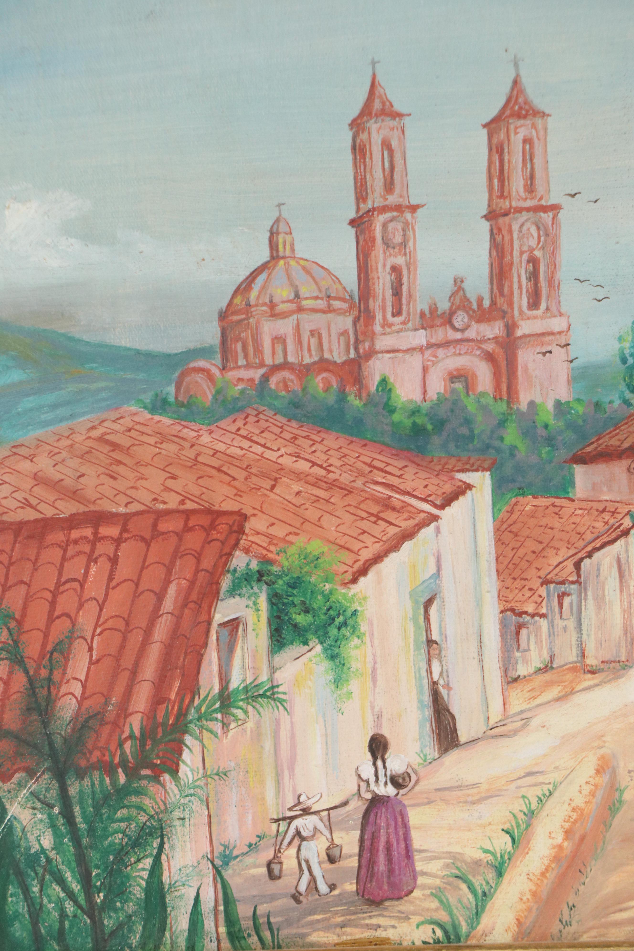 Mexican Village Scene Oil Painting with Taxco Cathedral in Distance, 1949