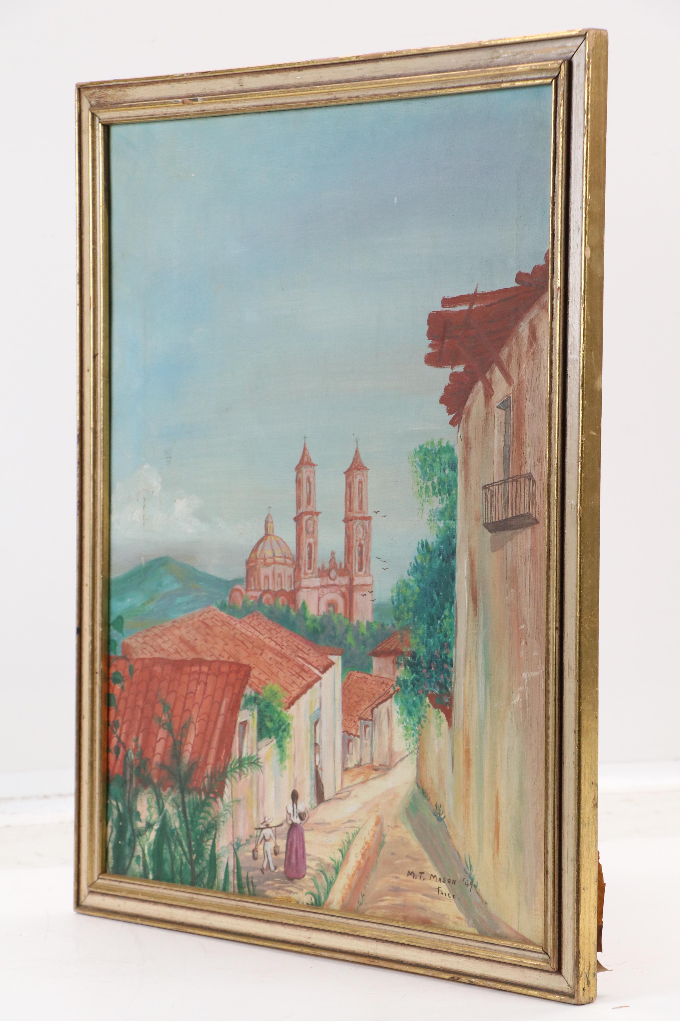 Mexican Village Scene Oil Painting with Taxco Cathedral in Distance, 1949