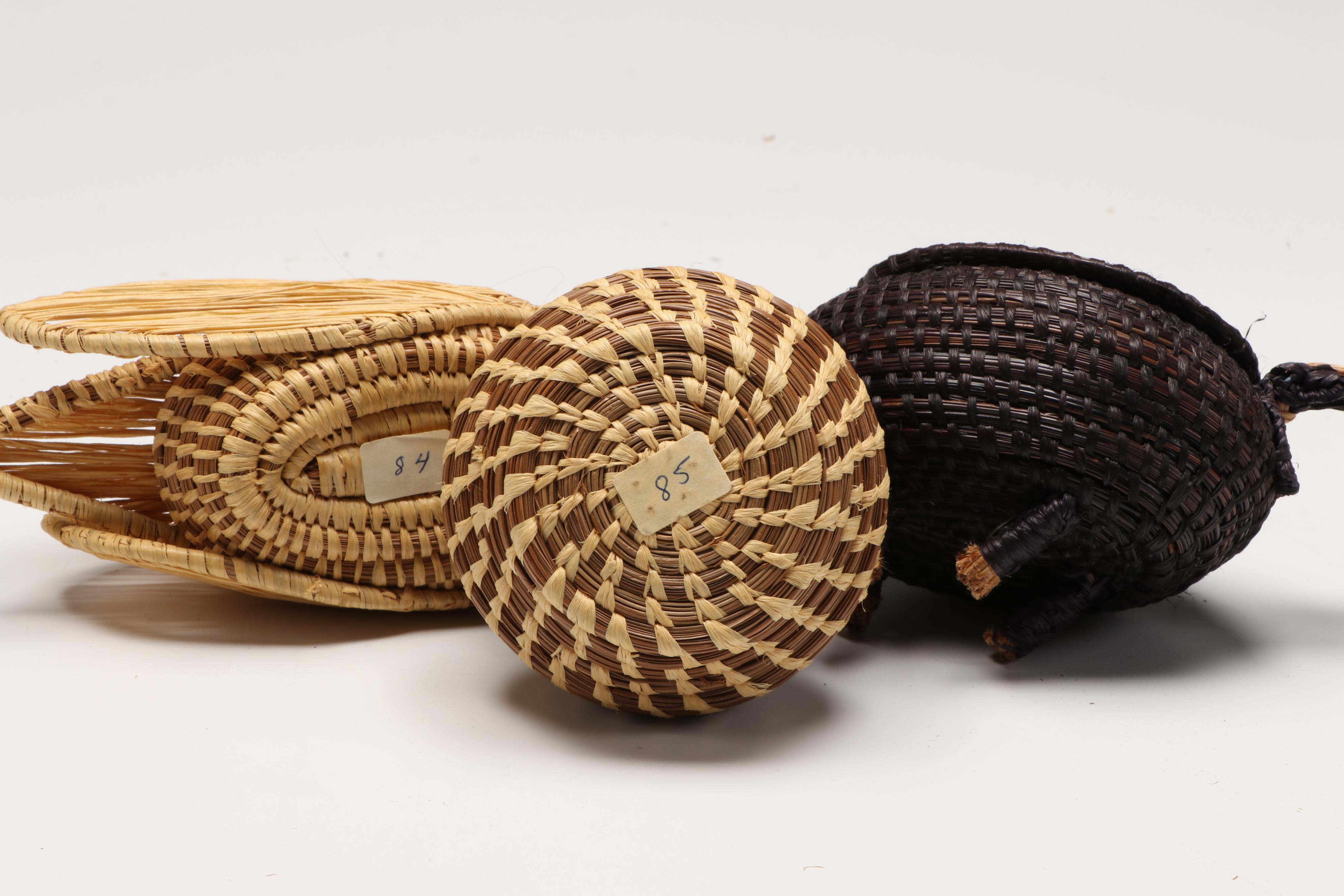 Mary Lou Olivas Deer Antler Basket with Coushatta Swan Effigy and Other Basketry