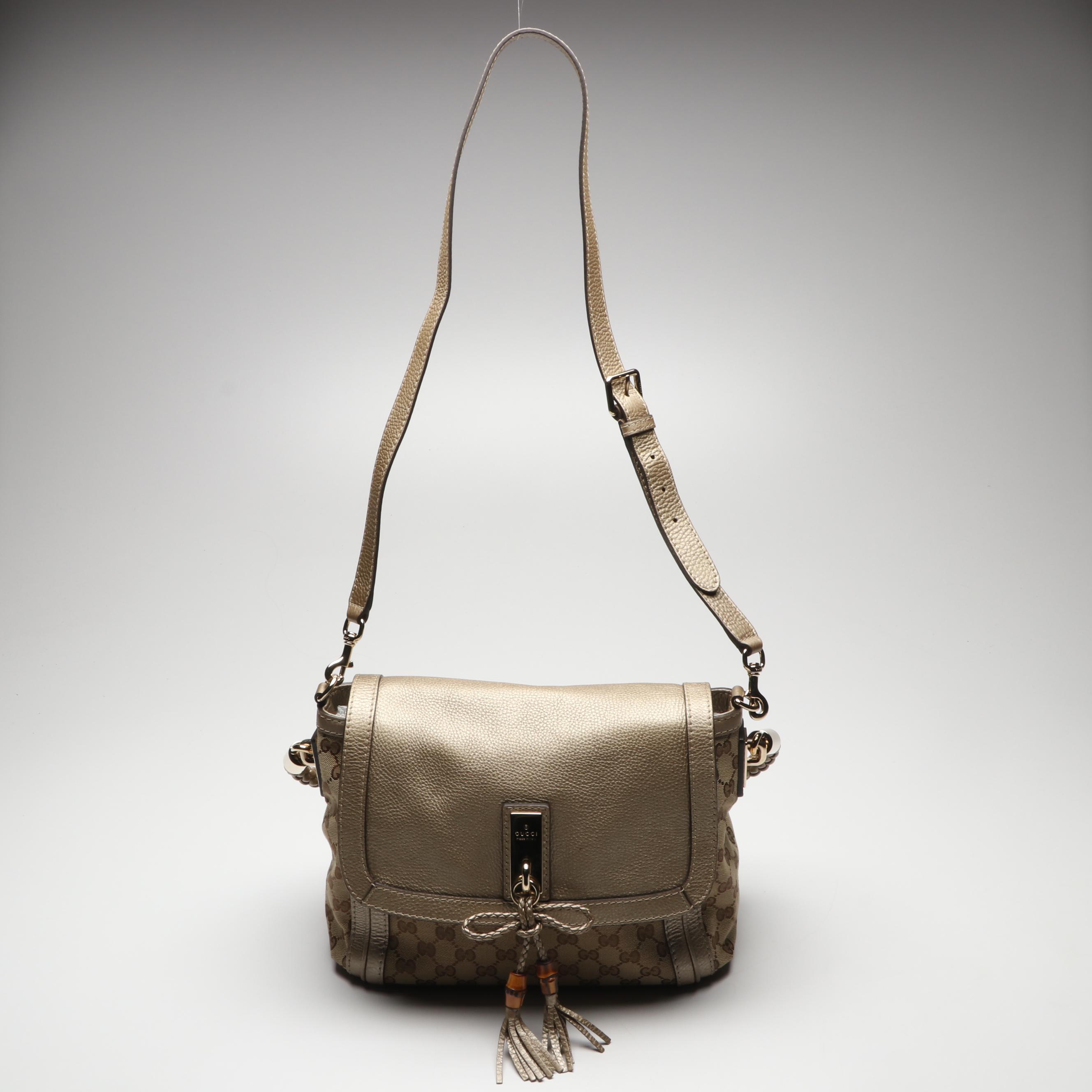 Gucci Bella Flap Two-Way Bag in GG Canvas and Metallic Leather