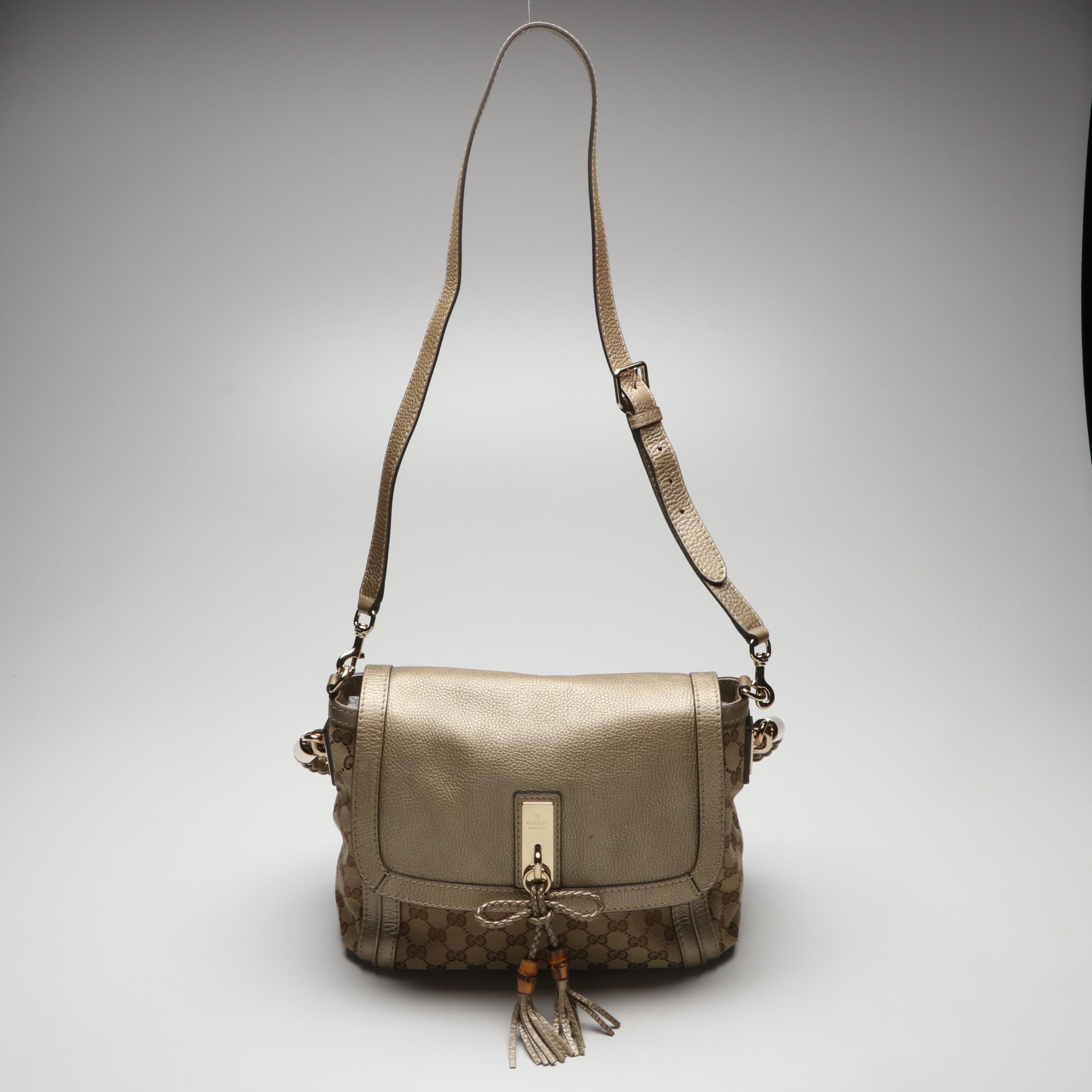 Gucci Bella Flap Two-Way Bag in GG Canvas and Metallic Leather