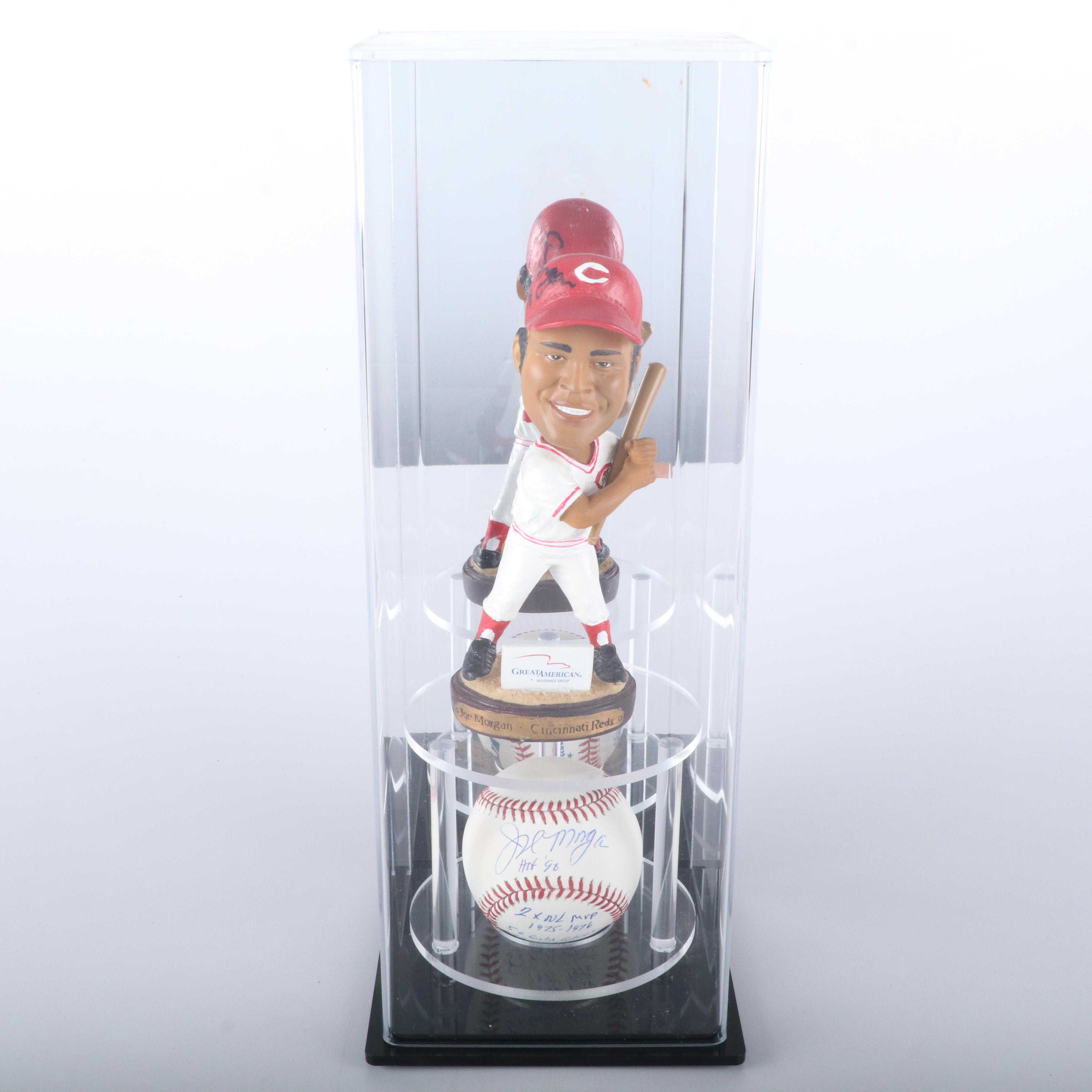 Joe Morgan Signed Baseball and Cincinnati Reds Boobblehead with Display