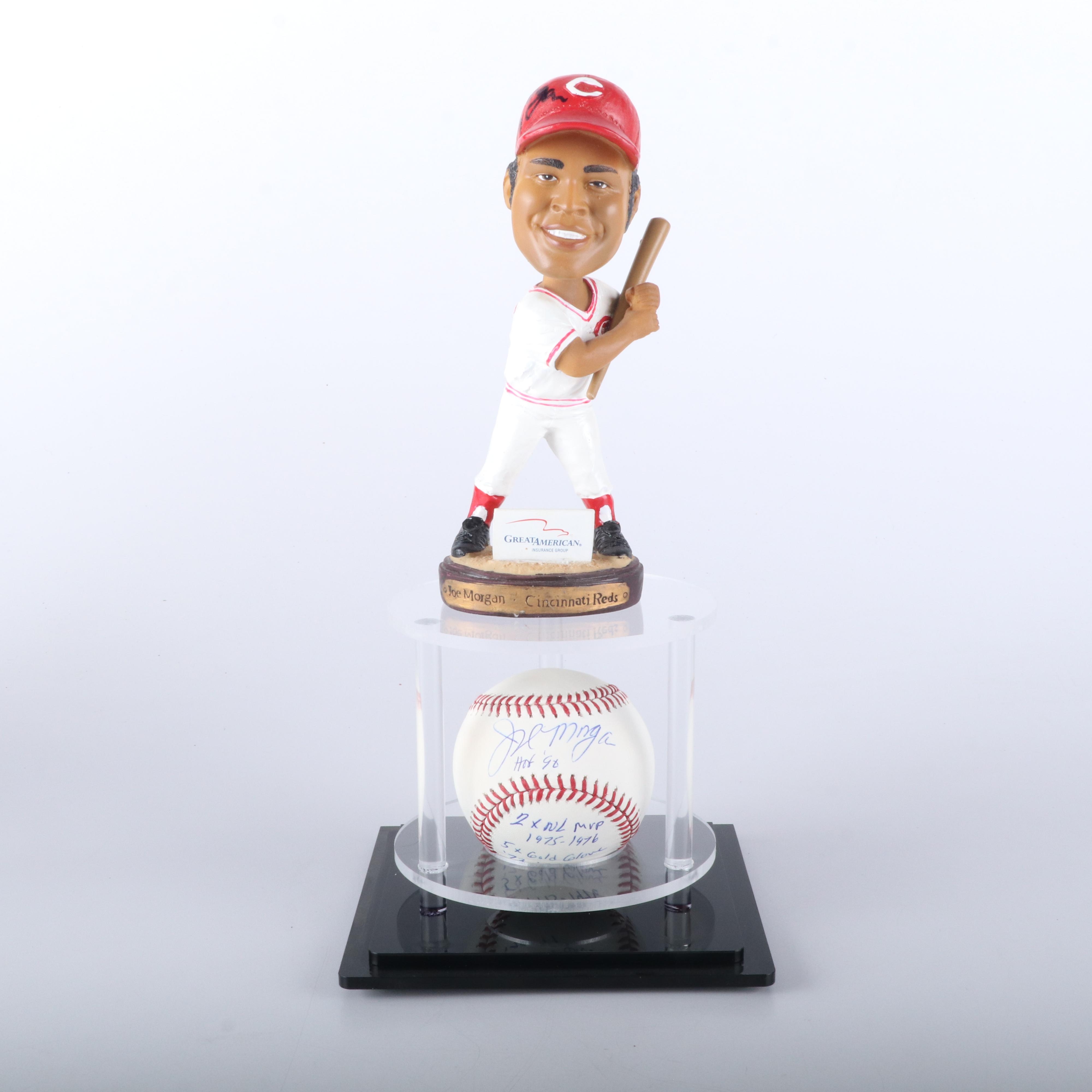 Joe Morgan Signed Baseball and Cincinnati Reds Boobblehead with Display