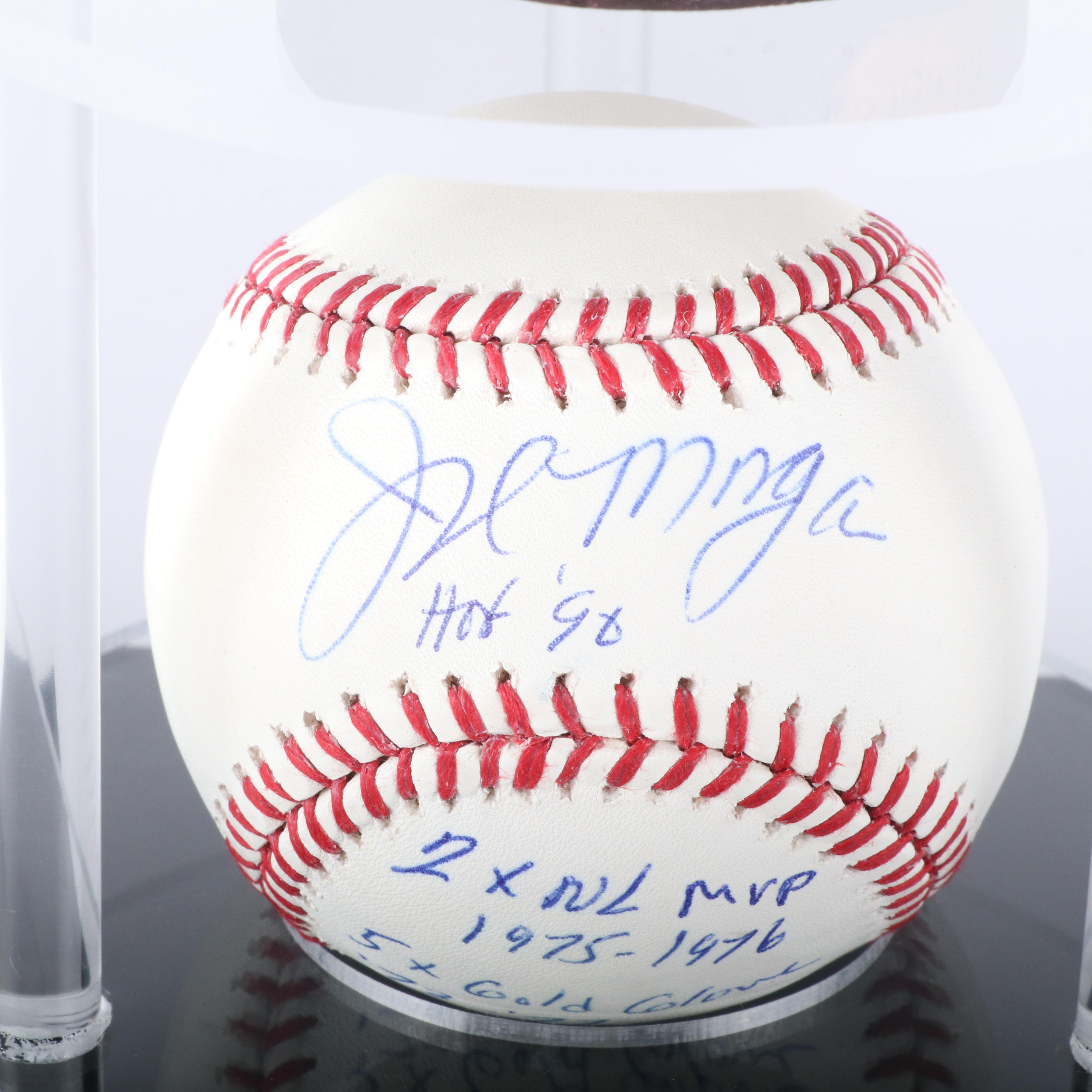 Joe Morgan Signed Baseball and Cincinnati Reds Boobblehead with Display