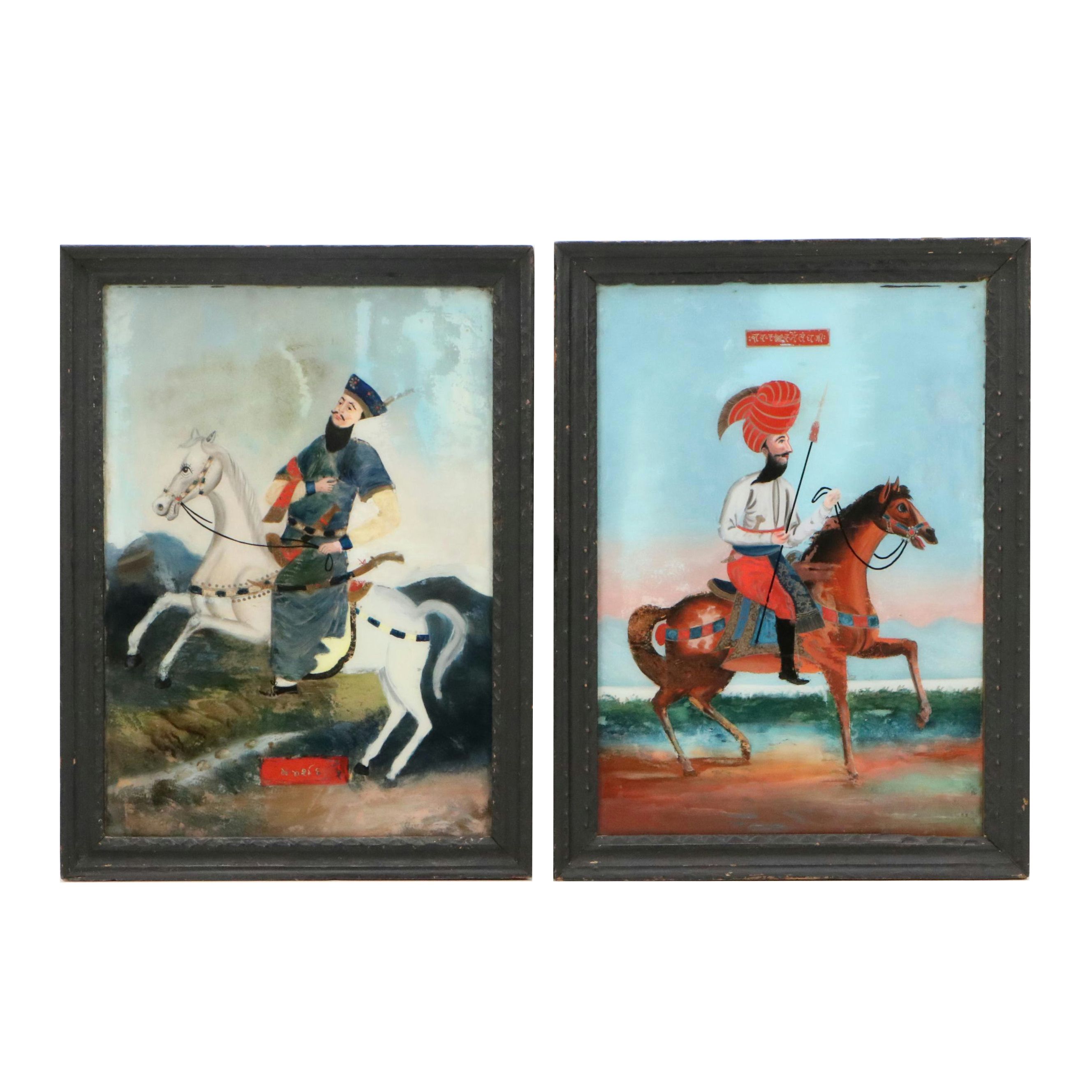 Persian School Reverse Glass Paintings of Warriors on Horseback