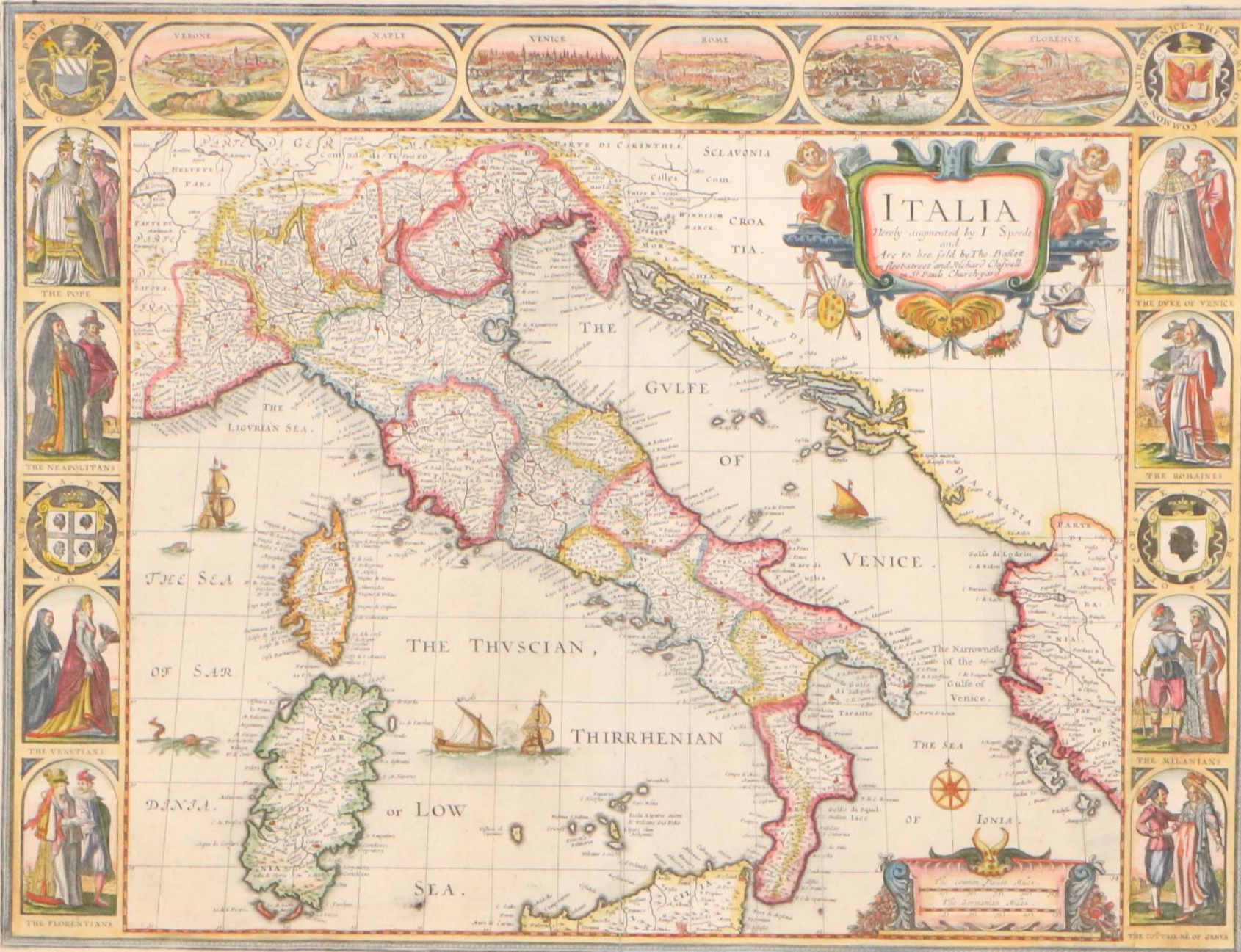 John Speed Hand-Colored Engraving Map "Italia," 1676