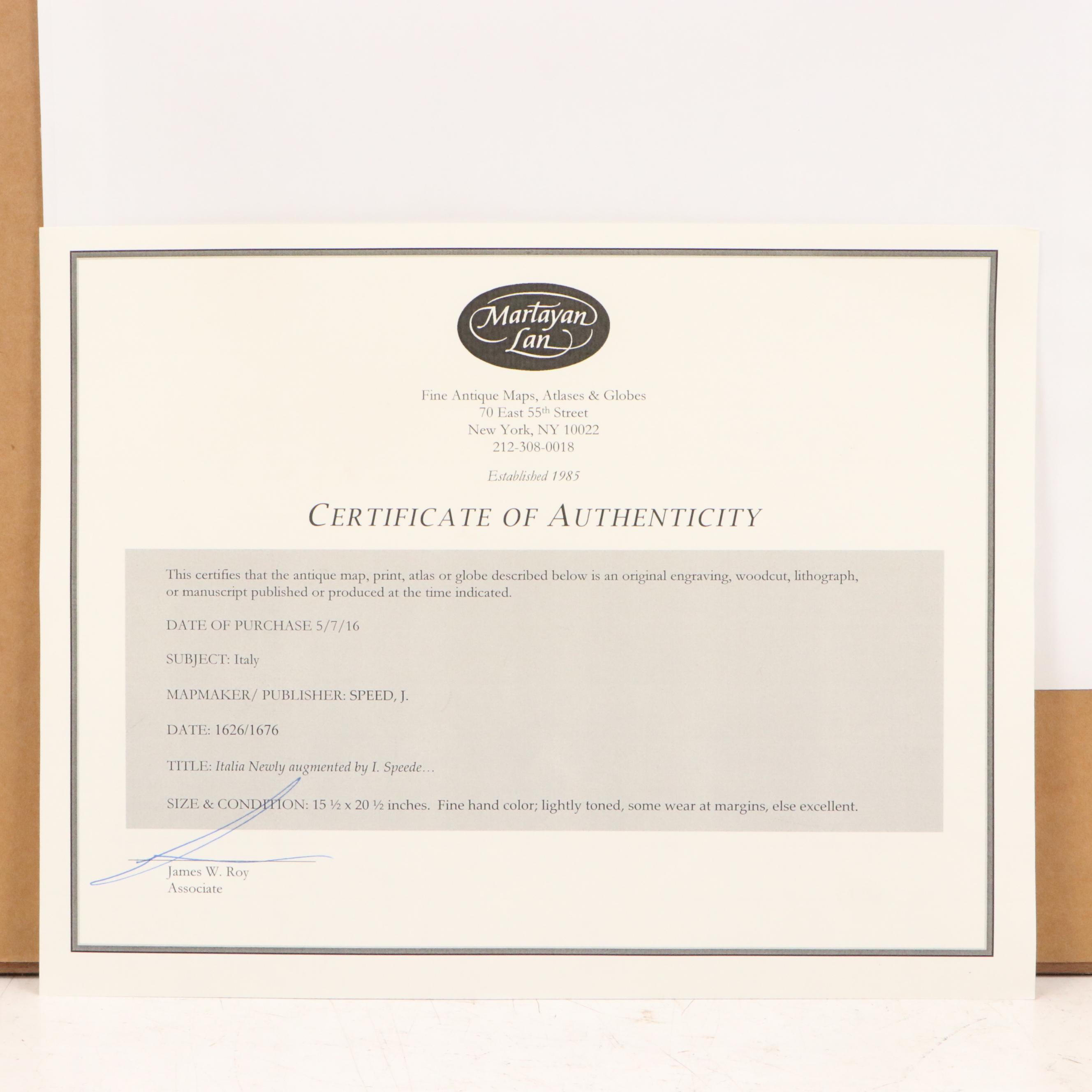 John Speed Hand-Colored Engraving Map "Italia," 1676