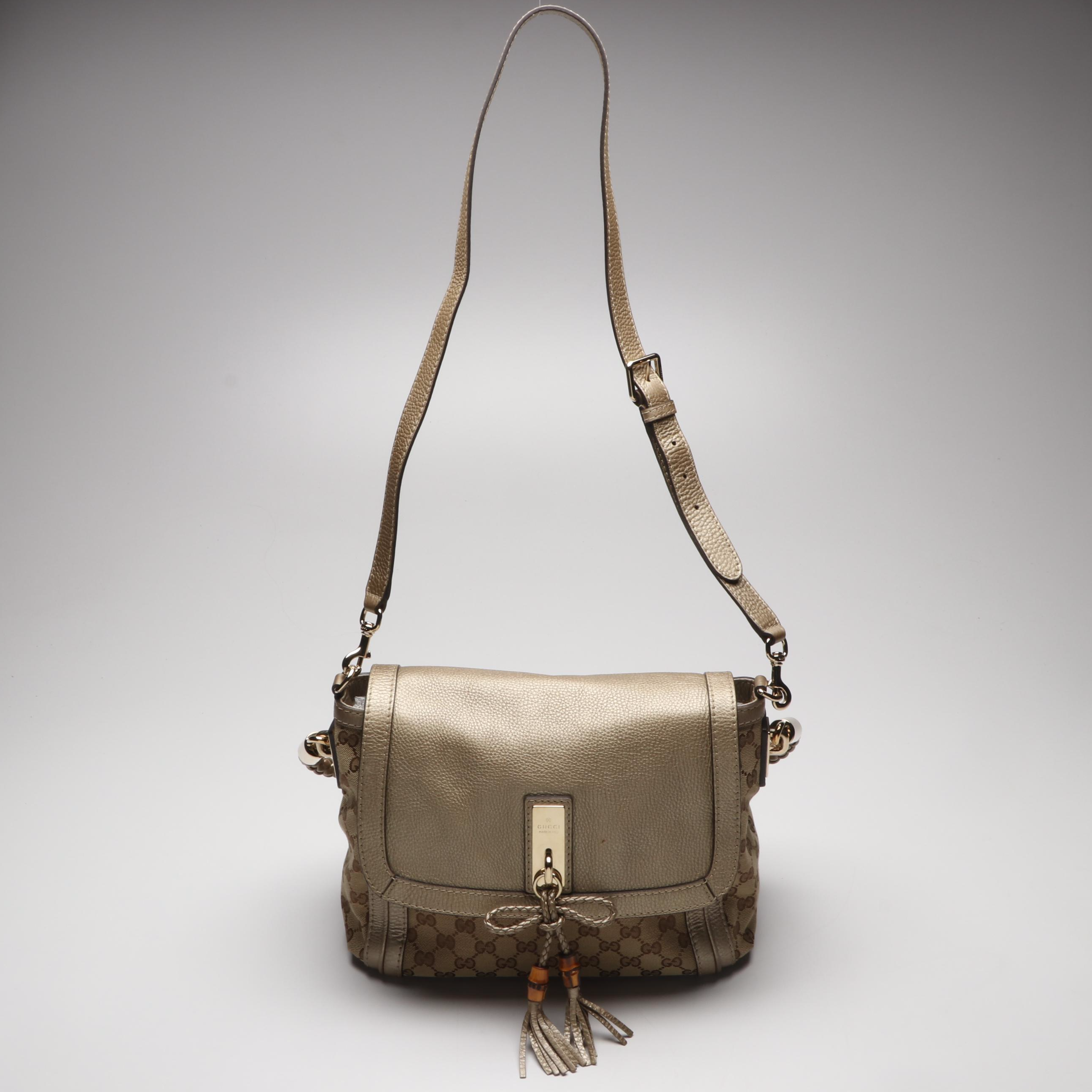 Gucci Bella Flap Two-Way Bag in GG Canvas and Metallic Leather