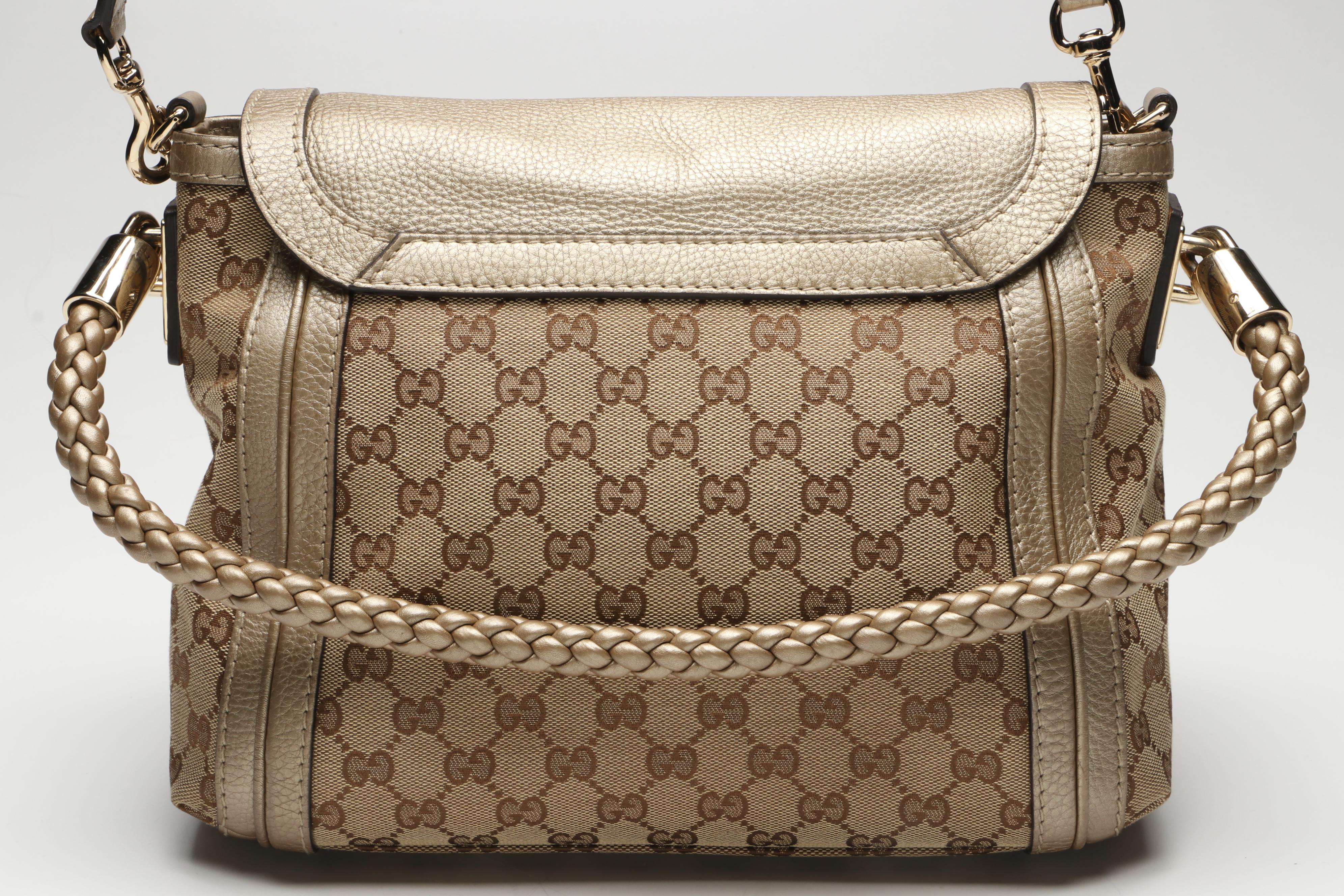 Gucci Bella Flap Two-Way Bag in GG Canvas and Metallic Leather