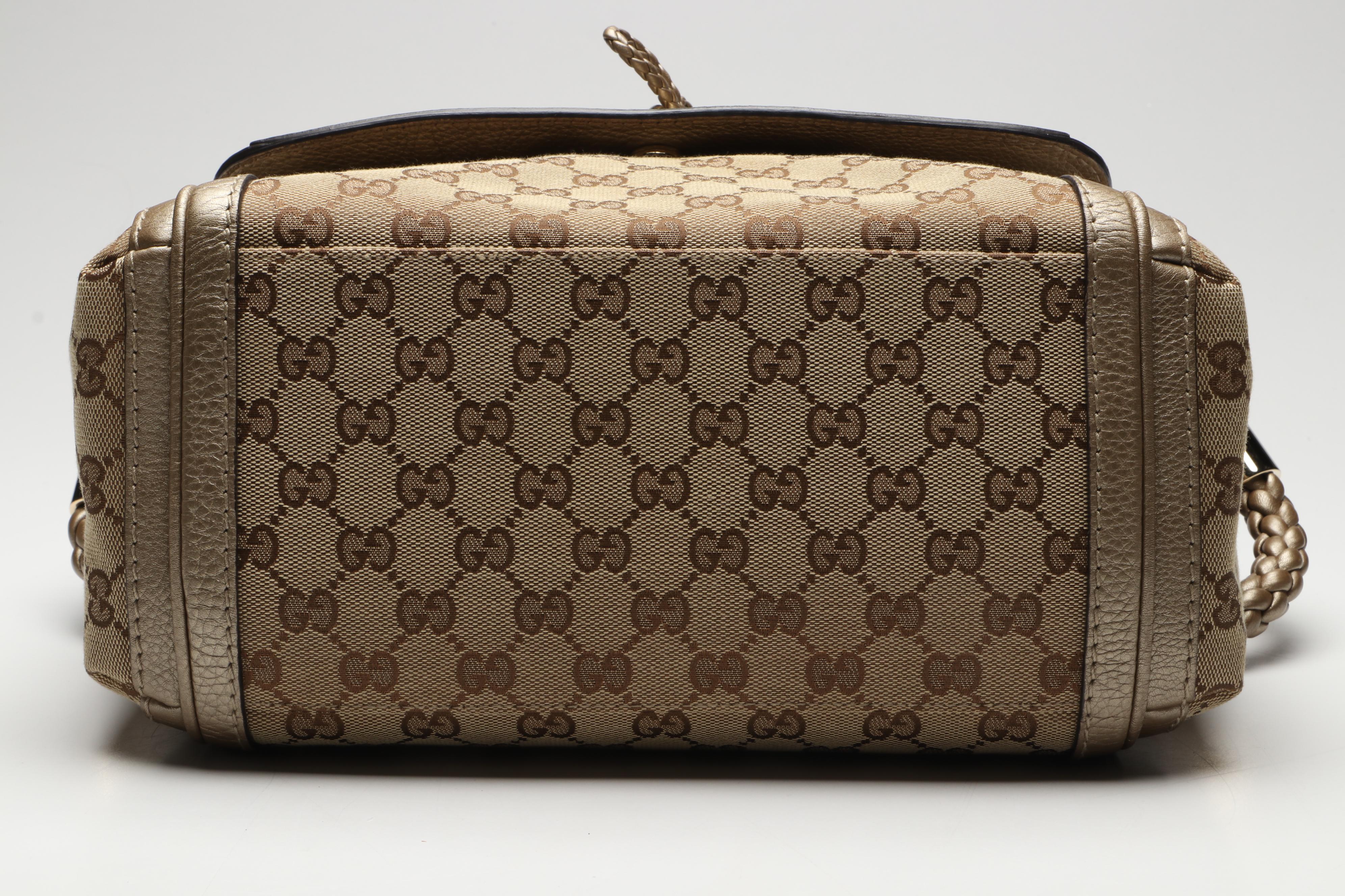 Gucci Bella Flap Two-Way Bag in GG Canvas and Metallic Leather