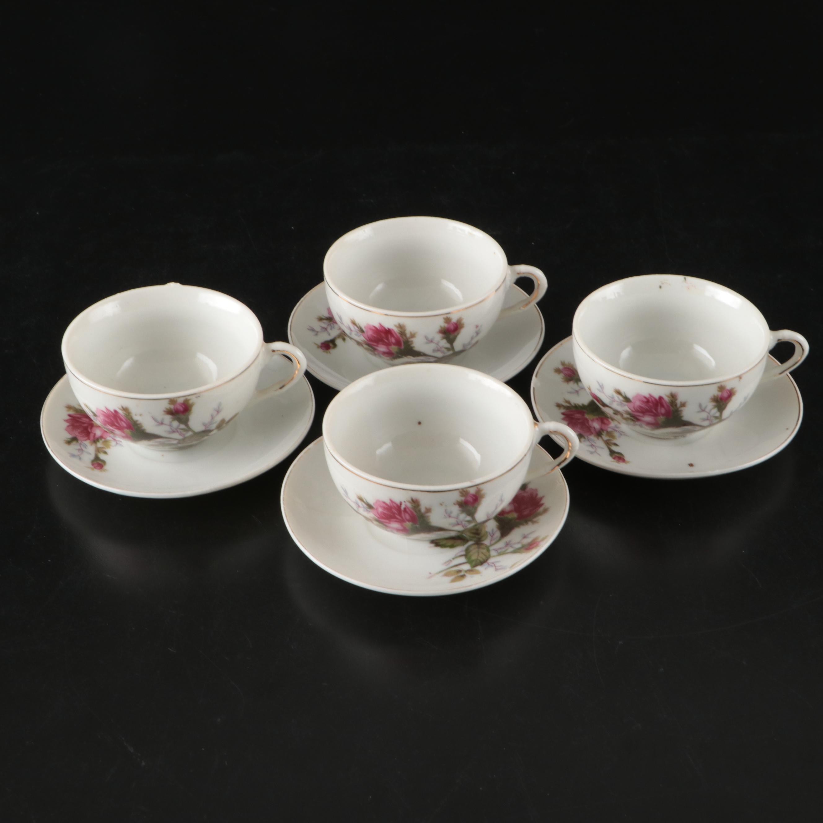 Japanese Porcelain Rose Pattern Tea Set with Dessert Plates and Serving Pieces