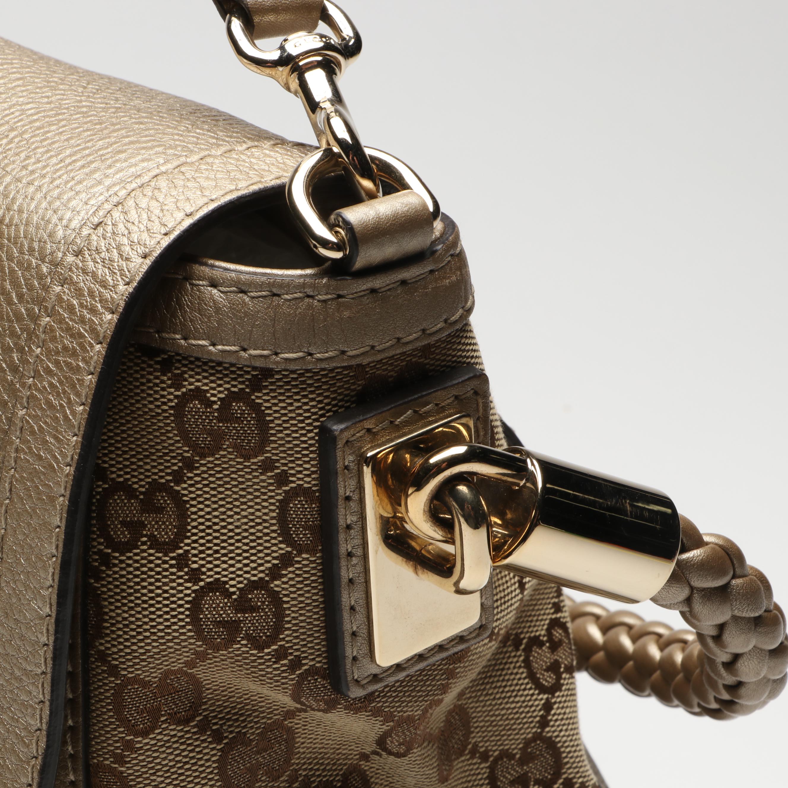 Gucci Bella Flap Two-Way Bag in GG Canvas and Metallic Leather