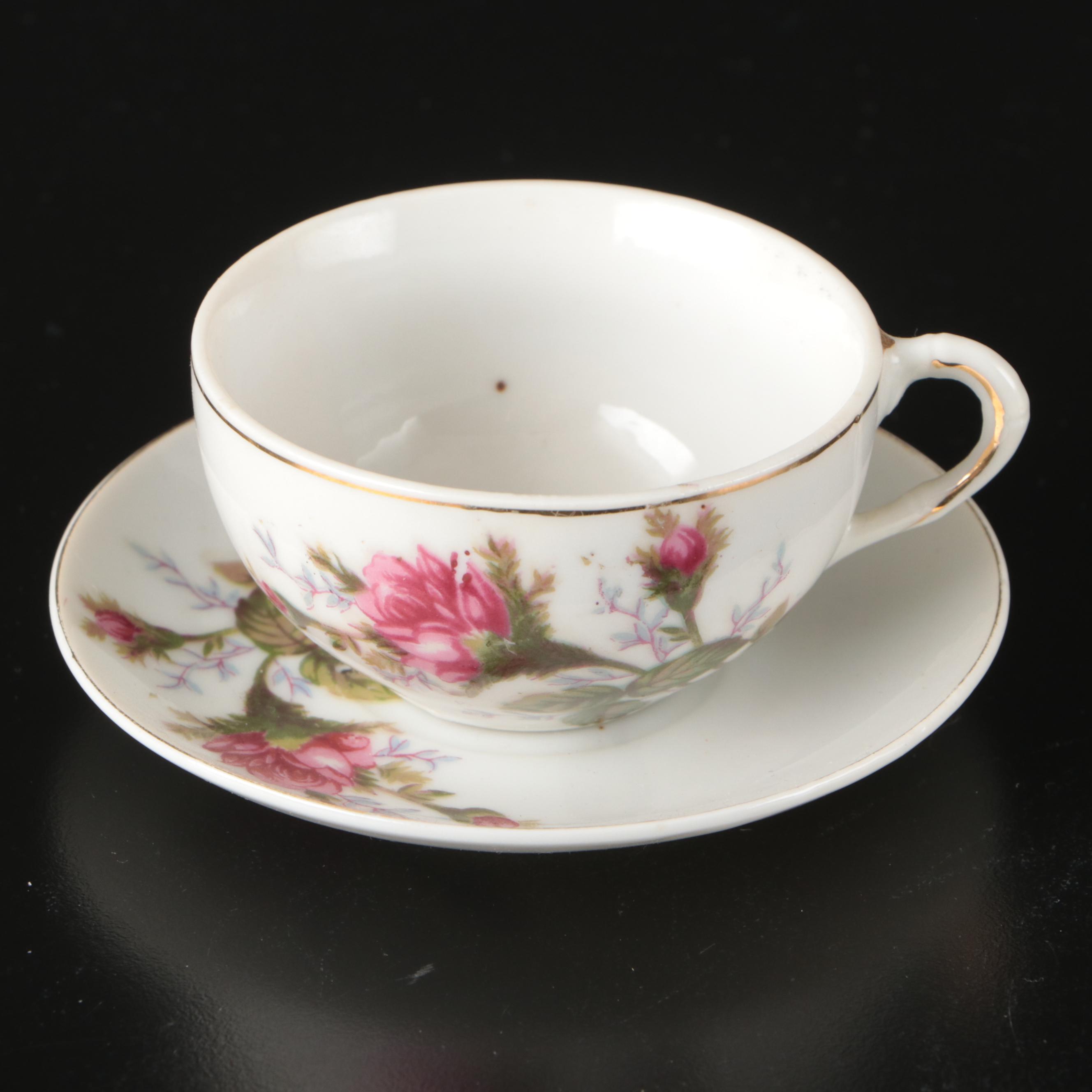 Japanese Porcelain Rose Pattern Tea Set with Dessert Plates and Serving Pieces