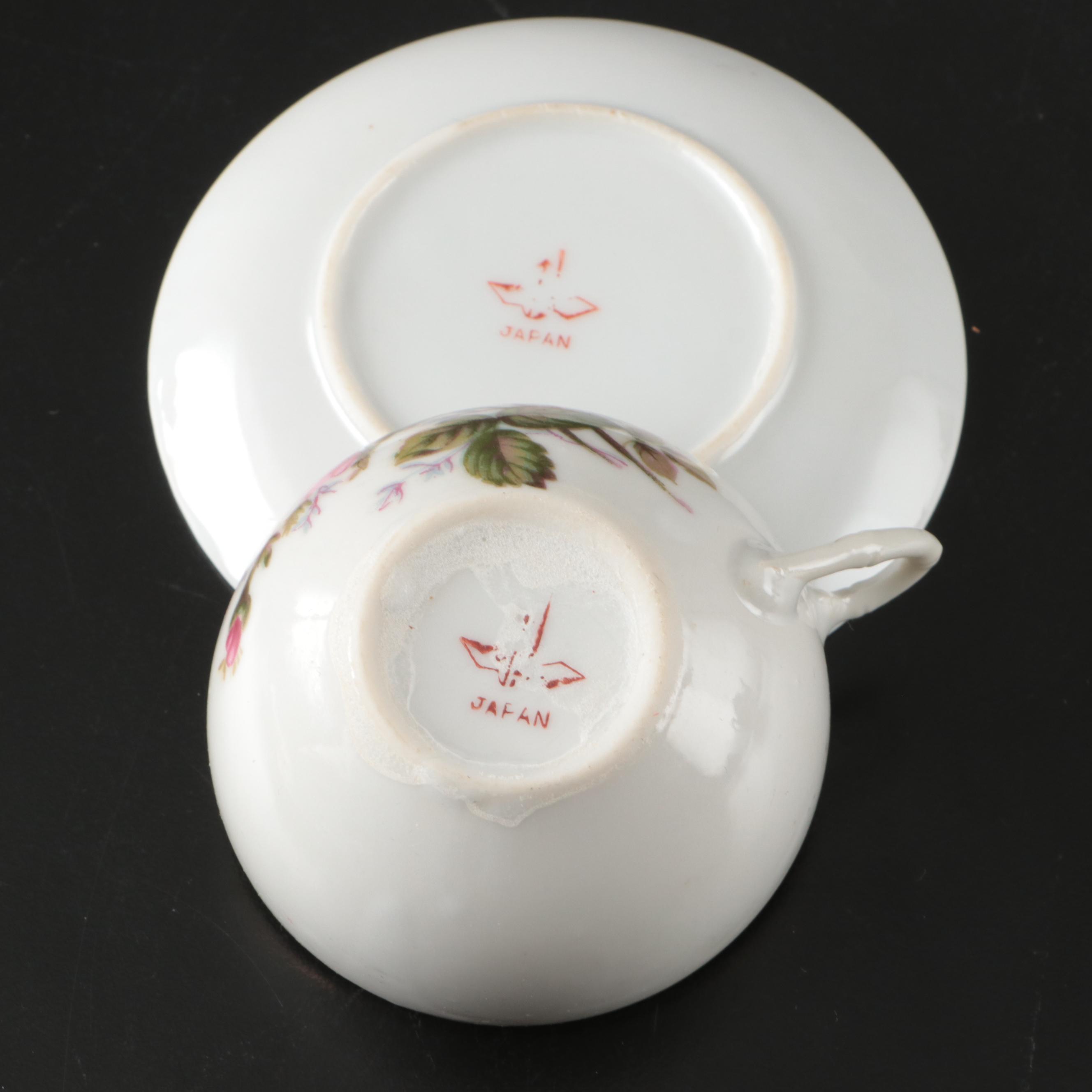 Japanese Porcelain Rose Pattern Tea Set with Dessert Plates and Serving Pieces