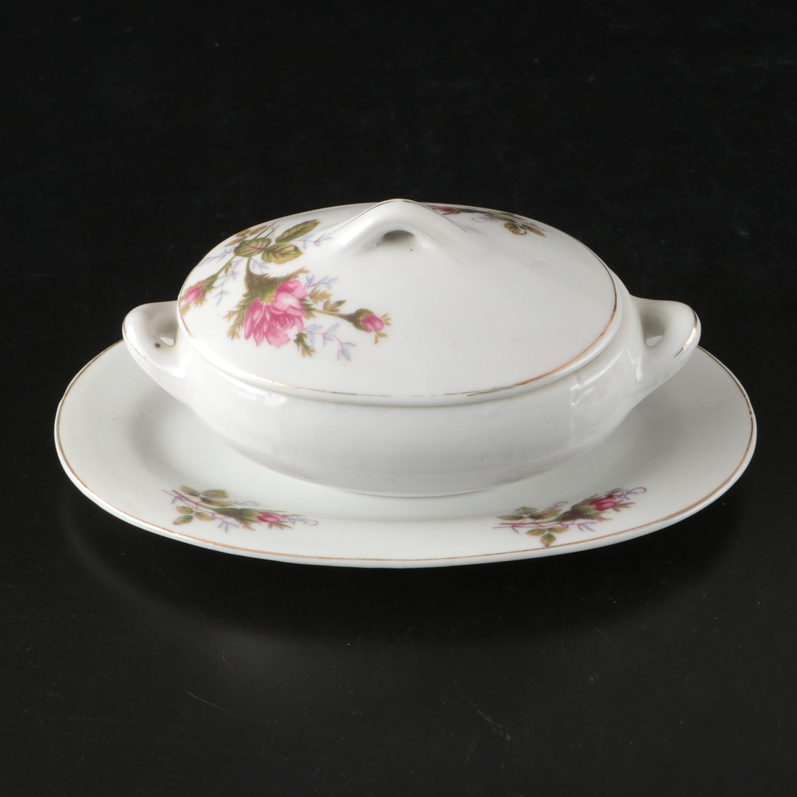 Japanese Porcelain Rose Pattern Tea Set with Dessert Plates and Serving Pieces