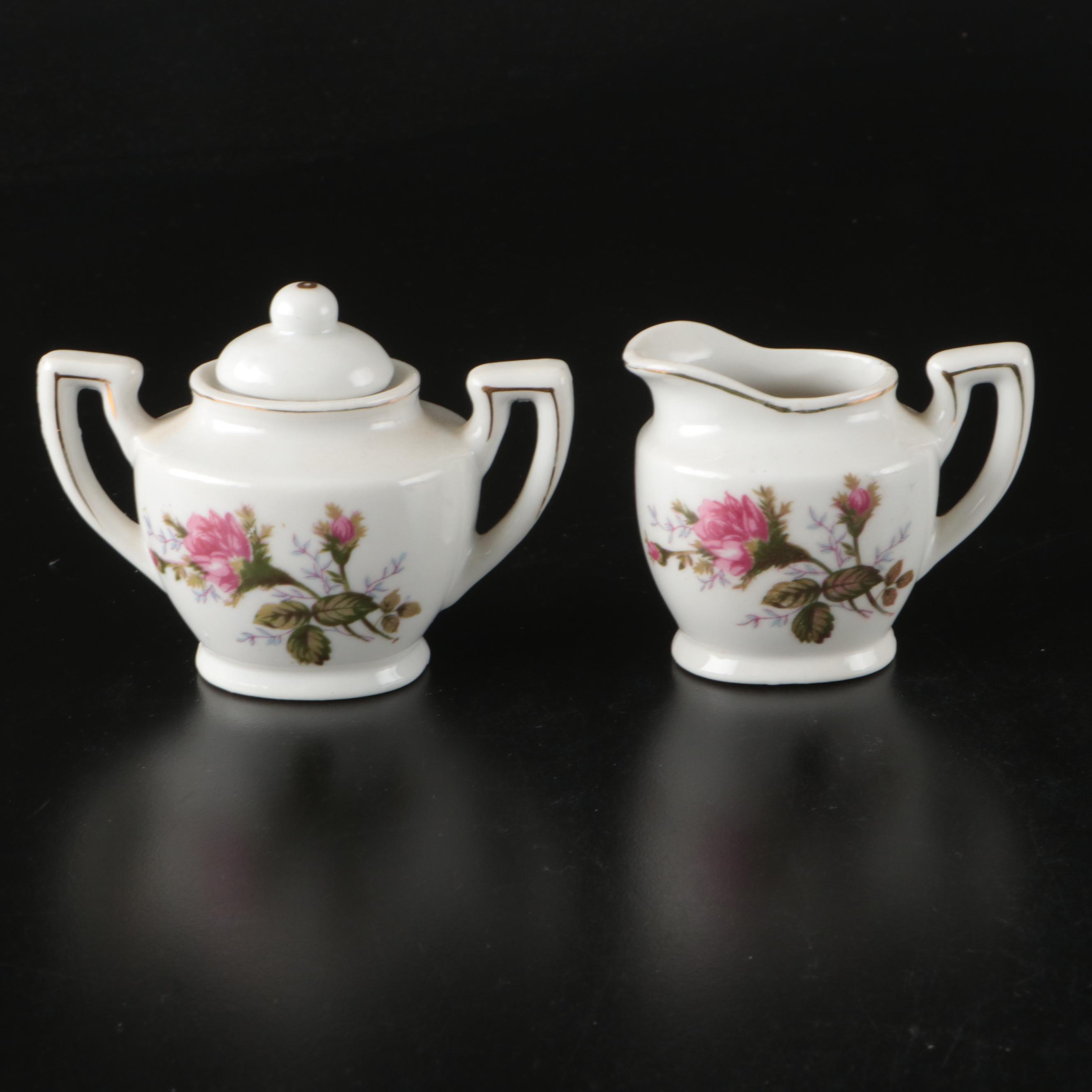 Japanese Porcelain Rose Pattern Tea Set with Dessert Plates and Serving Pieces