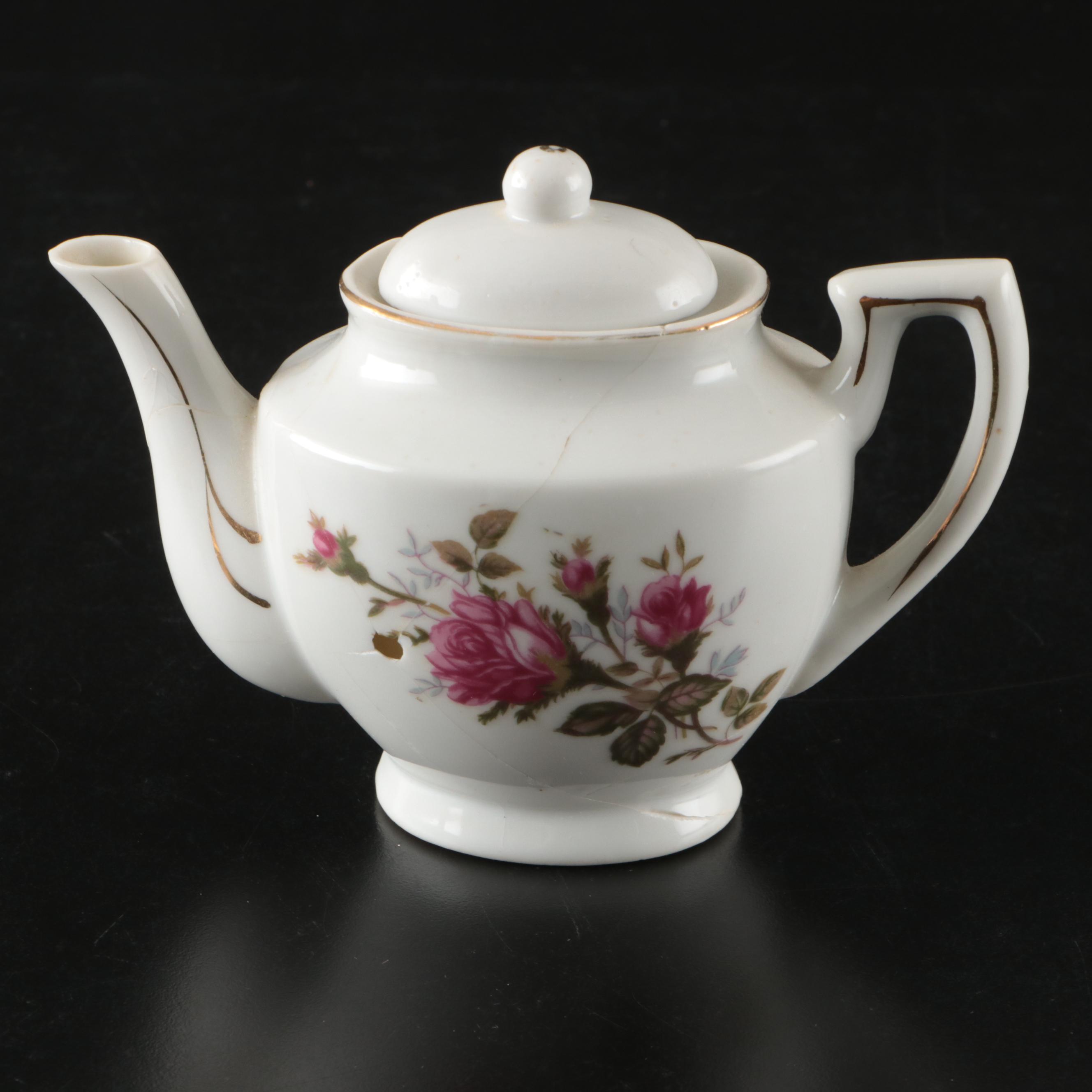 Japanese Porcelain Rose Pattern Tea Set with Dessert Plates and Serving Pieces