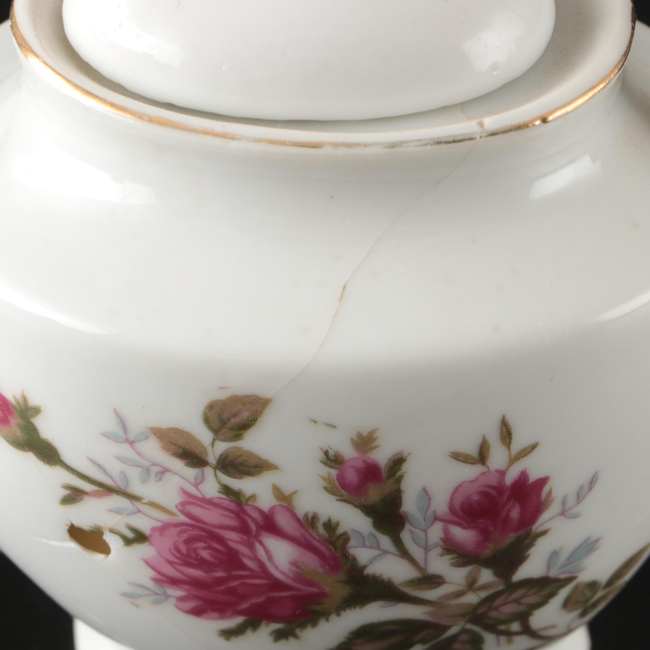 Japanese Porcelain Rose Pattern Tea Set with Dessert Plates and Serving Pieces