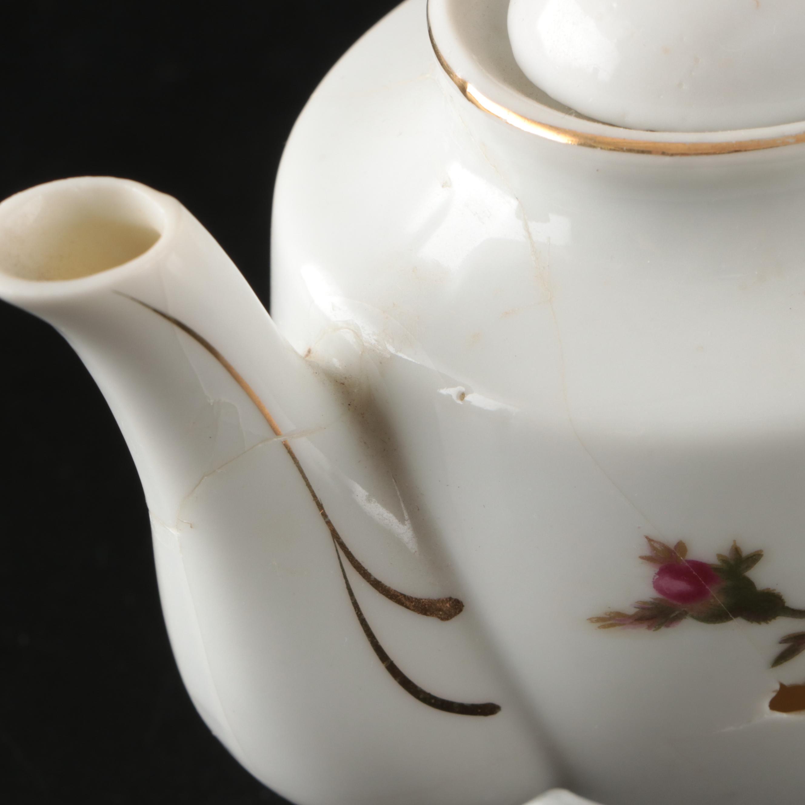 Japanese Porcelain Rose Pattern Tea Set with Dessert Plates and Serving Pieces