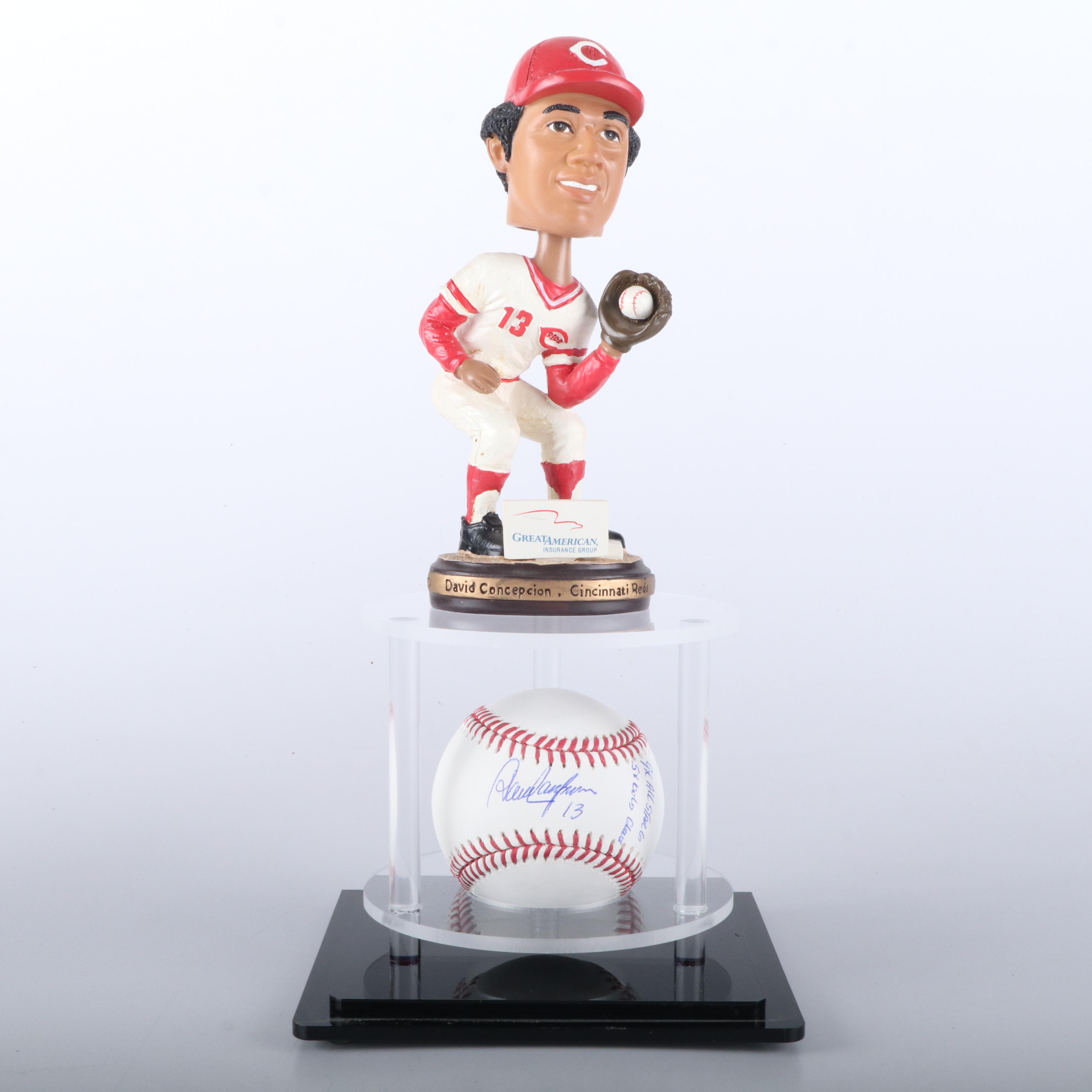 Dave Concepcion Signed Baseball and Cincinnati Reds Bobblehead with Display