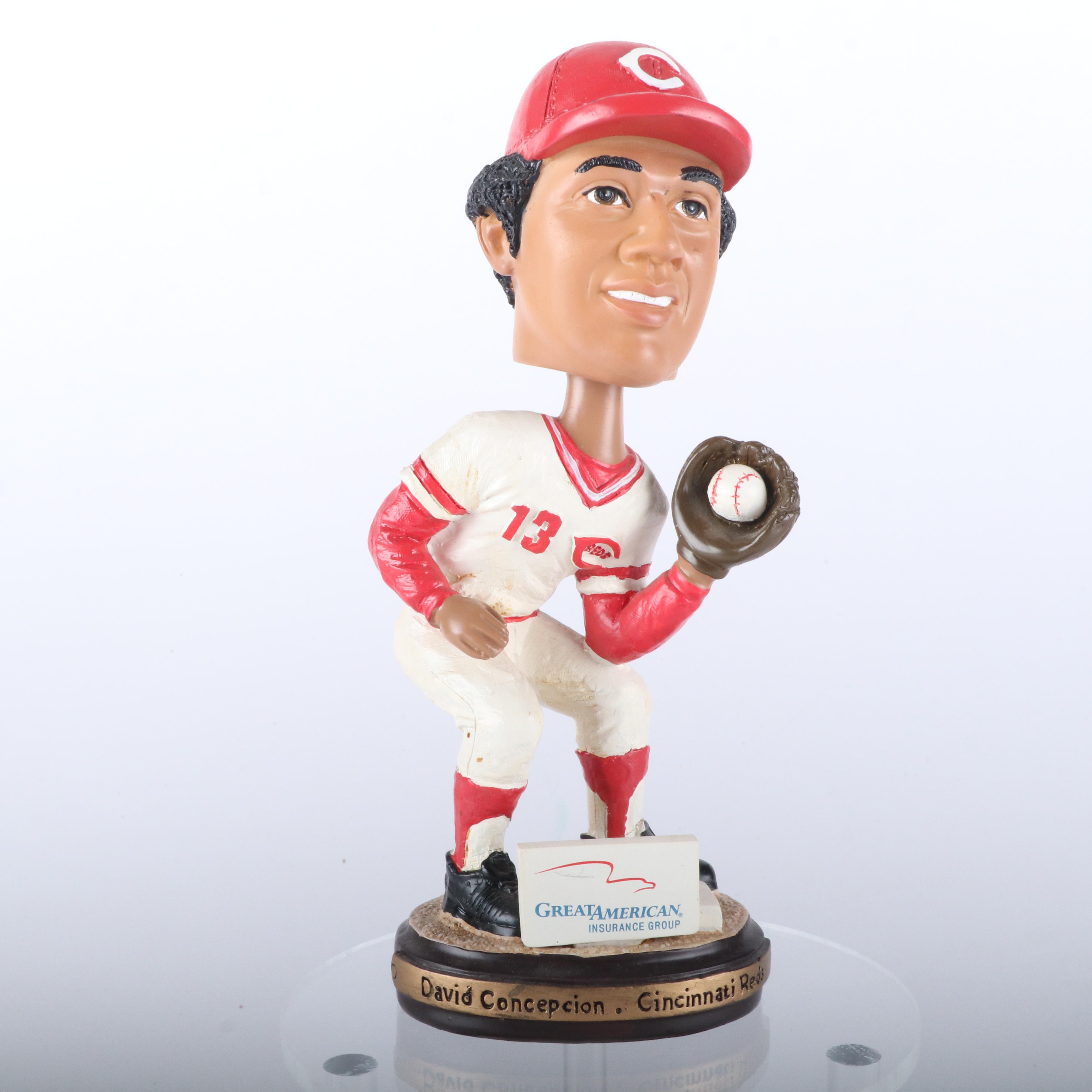 Dave Concepcion Signed Baseball and Cincinnati Reds Bobblehead with Display