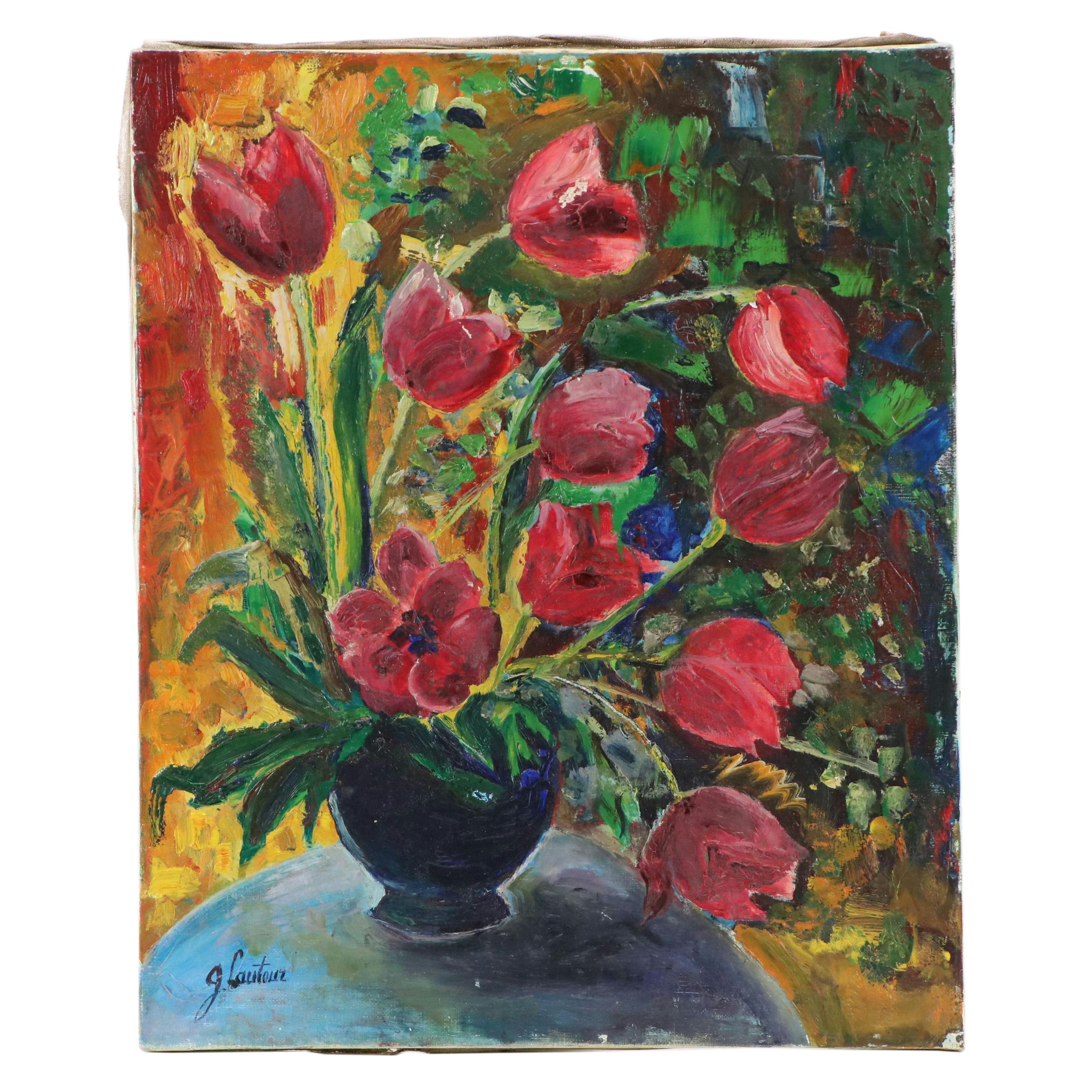 Germaine Lautour Oil Painting of Vase with Tulips, Mid-20th Century
