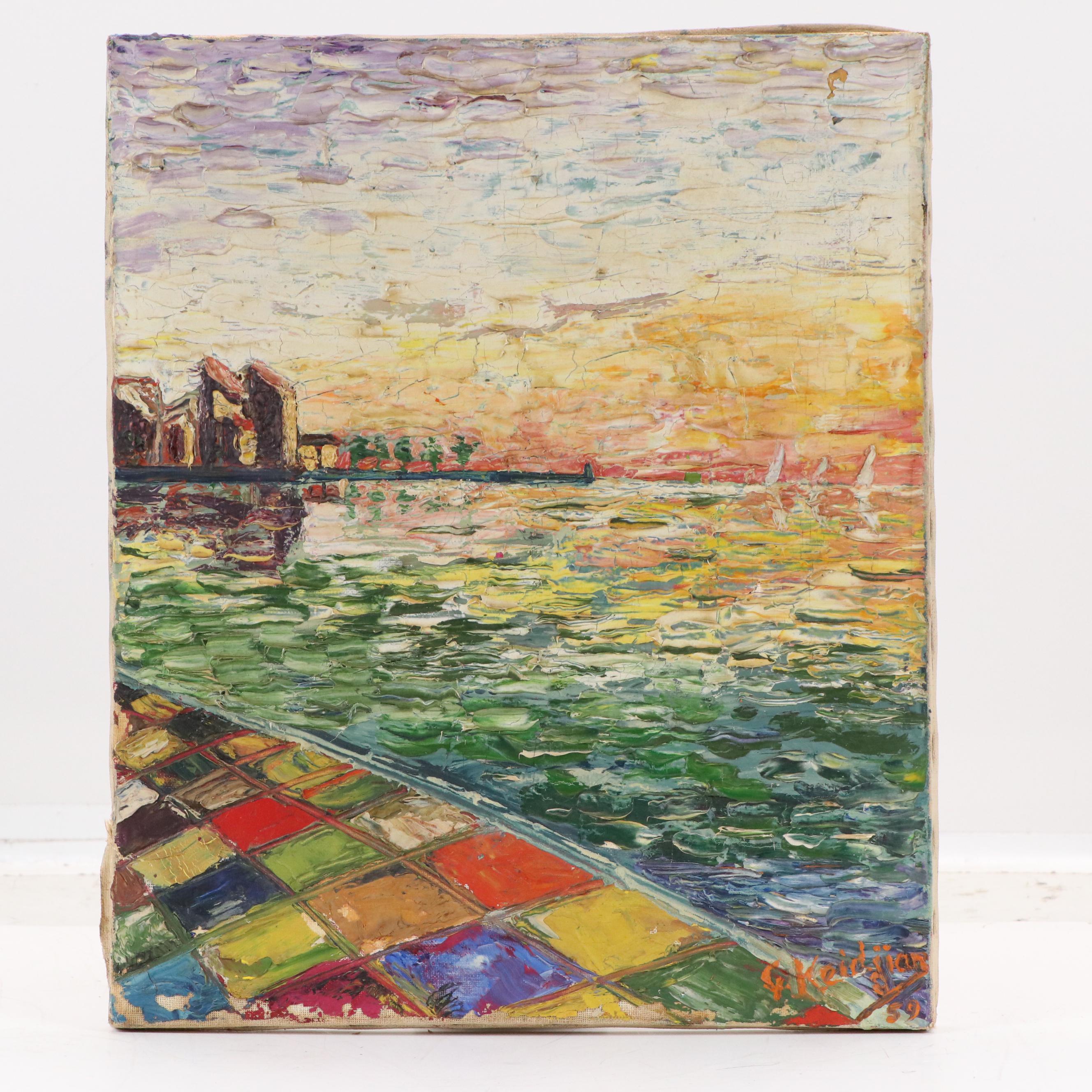 French School Oil Painting of Harbor at Dusk, 1959