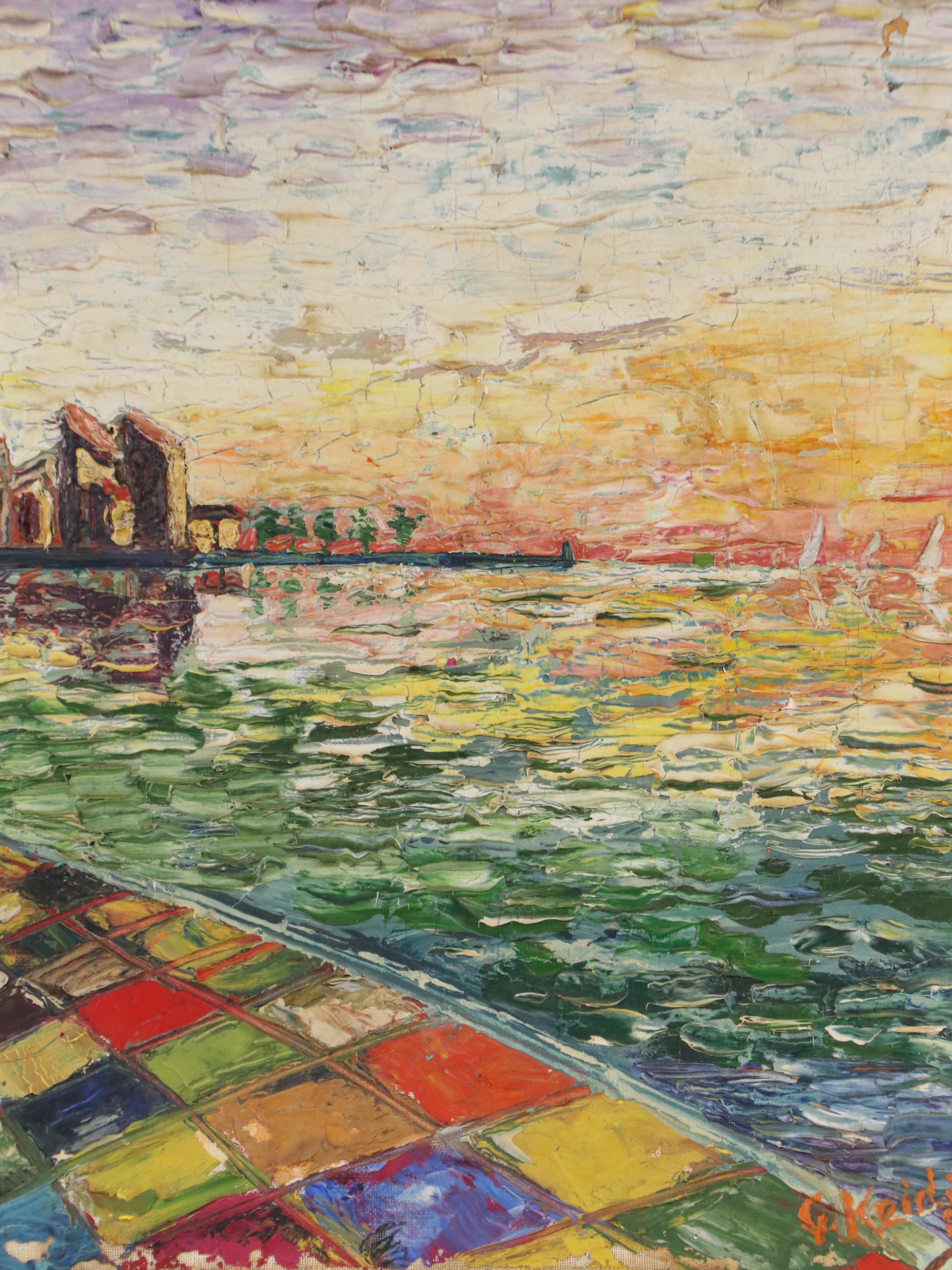 French School Oil Painting of Harbor at Dusk, 1959