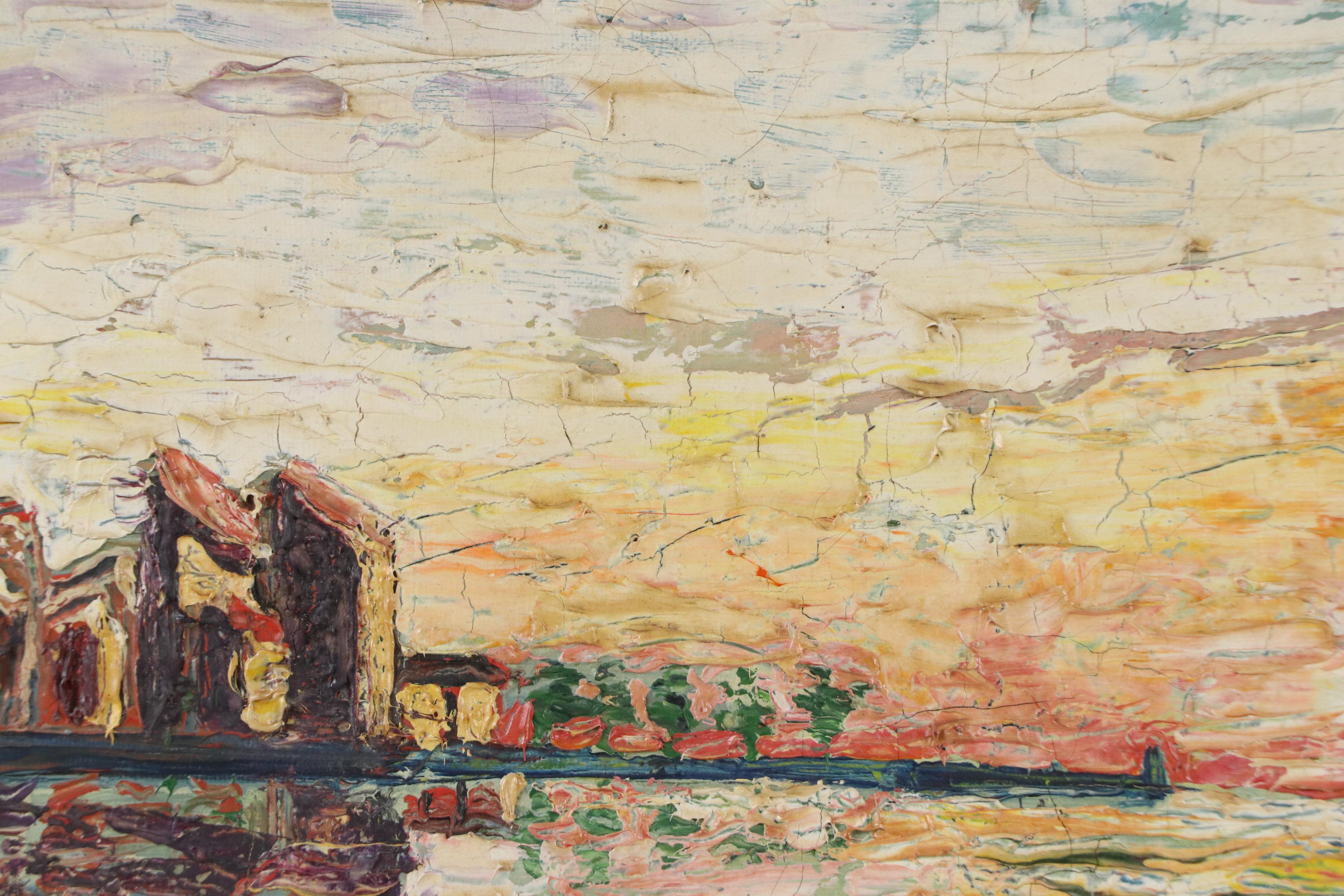 French School Oil Painting of Harbor at Dusk, 1959