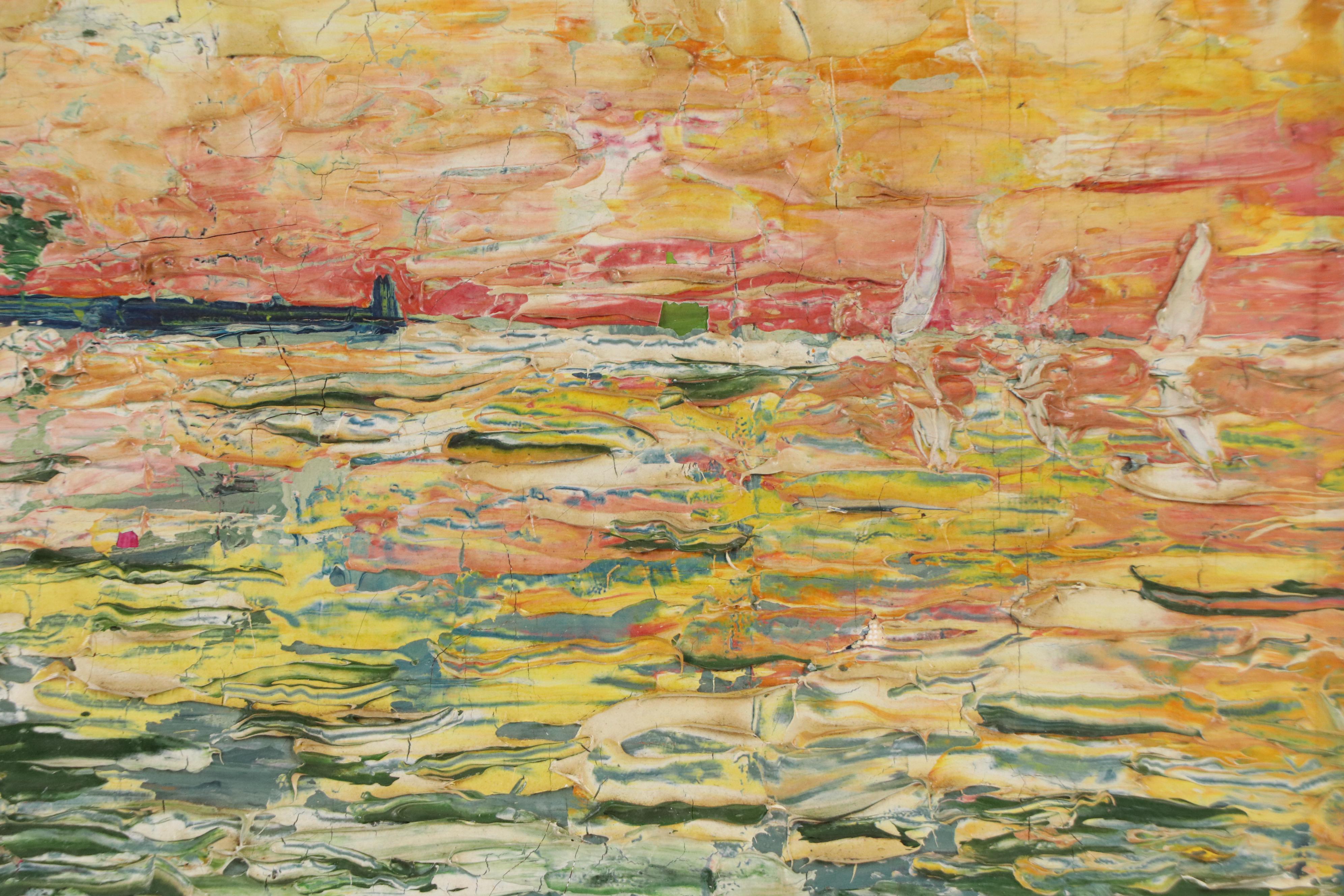 French School Oil Painting of Harbor at Dusk, 1959