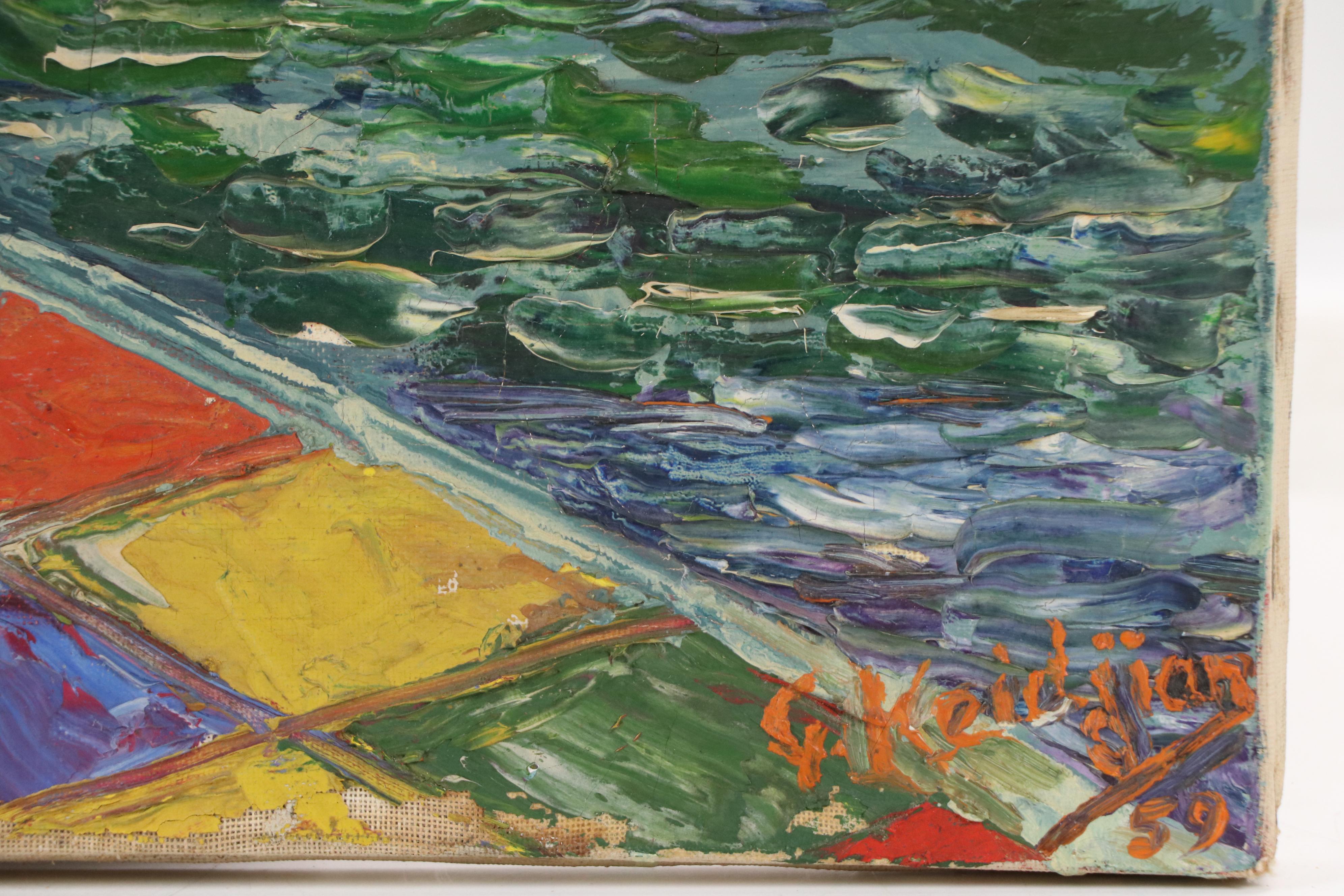 French School Oil Painting of Harbor at Dusk, 1959